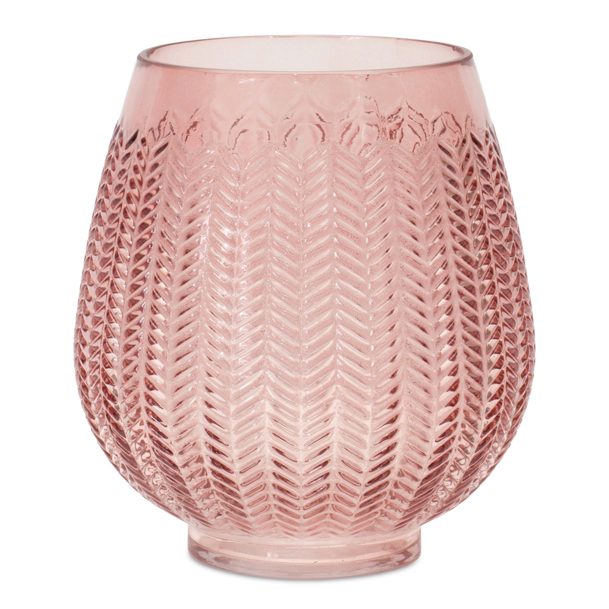 8" Pink Glass Textured Leaf Pattern Round Table Vase