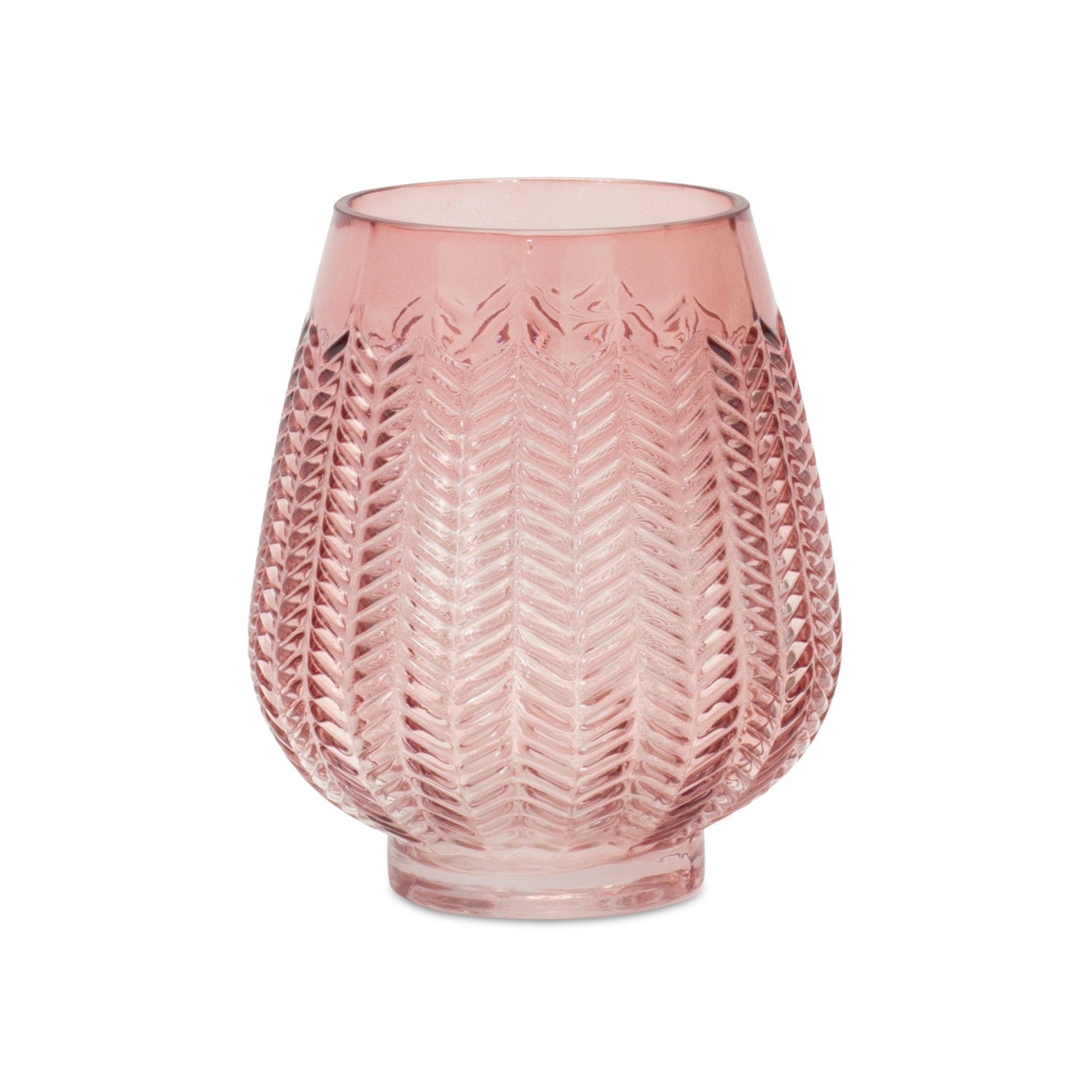 6" Pink Glass Textured Leaf Pattern Round Table Vase