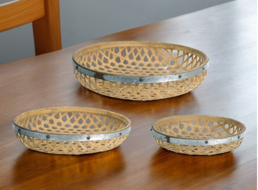 Set Of Three Brown Round Solid Wood Serving Tray