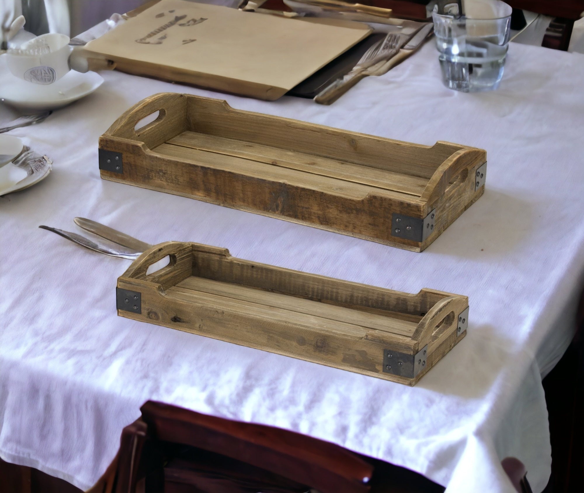 Set Of Two Brown Rectangular Solid Wood Serving Tray With Handles