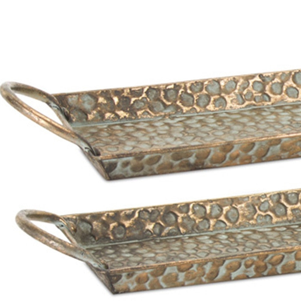 Set of Three Gold Metal Serving Tray With Handles