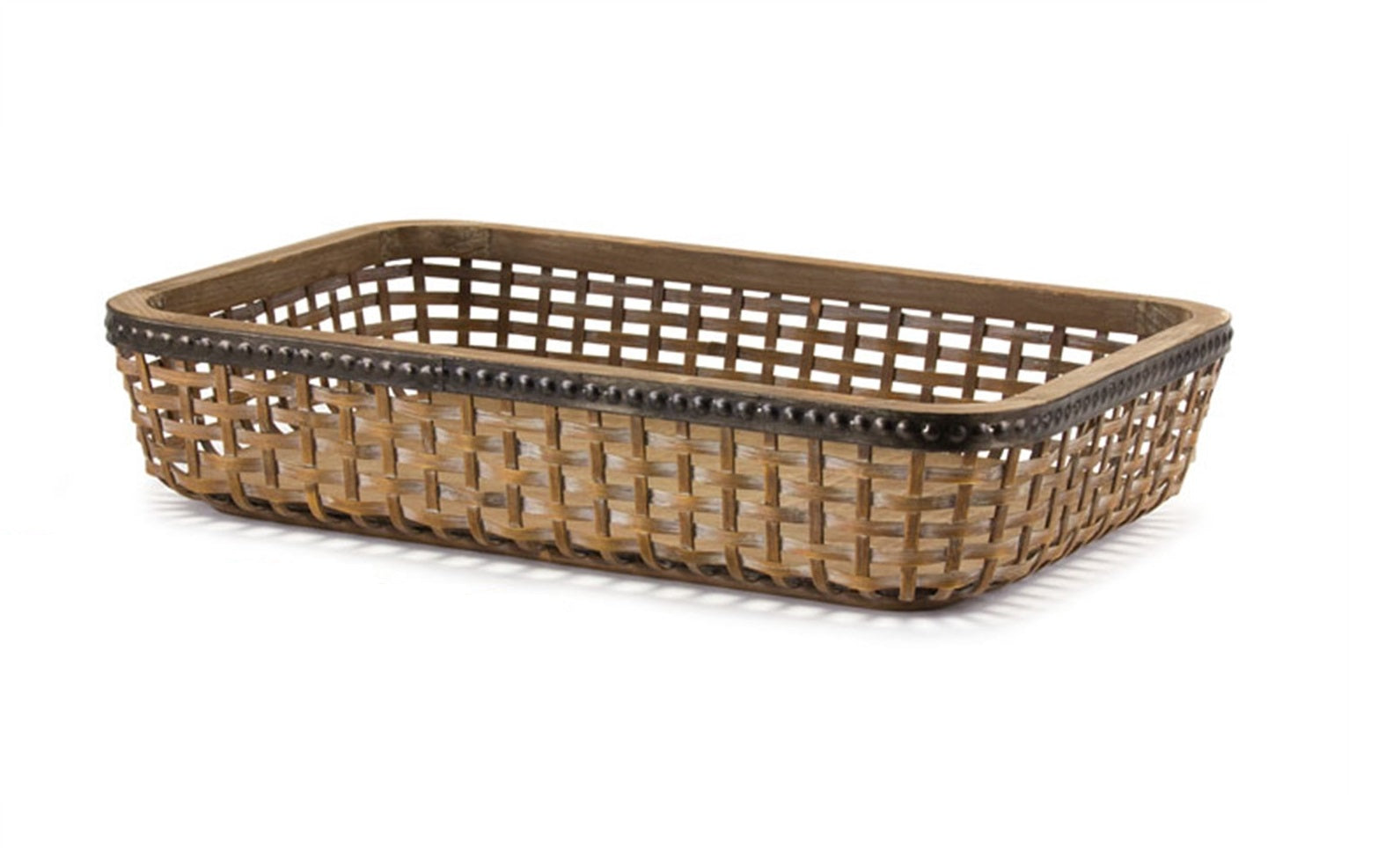 Set of Two Brown Rectangular Woven Bamboo Wood Serving Tray