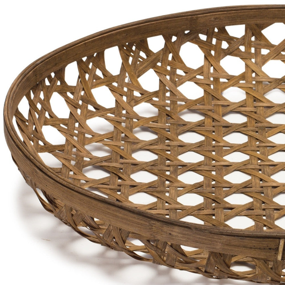 26" Brown Bamboo Weave Round Wood Vanity Tray