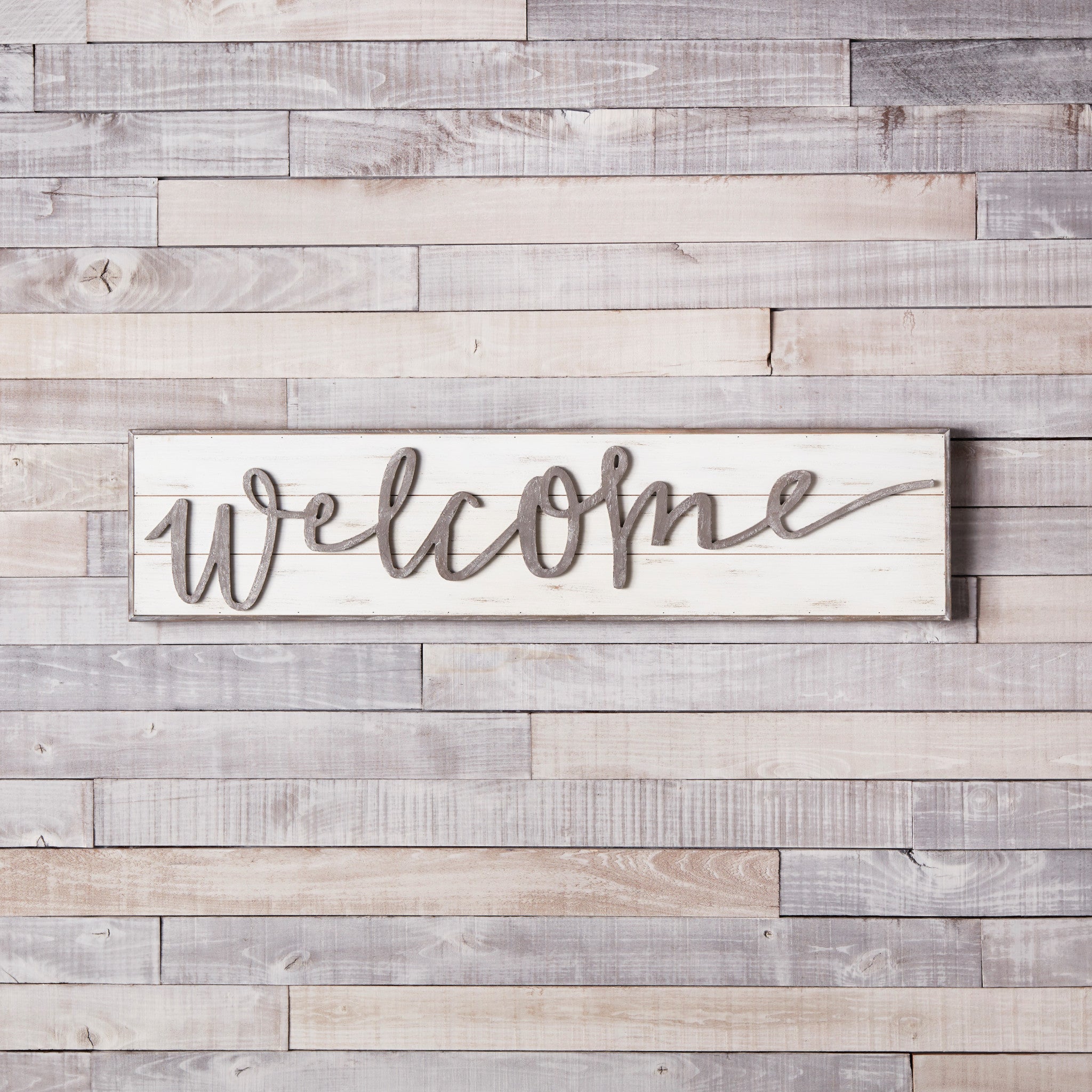 11" X 48" White and Gray Wood Welcome Hanging Wall Decor