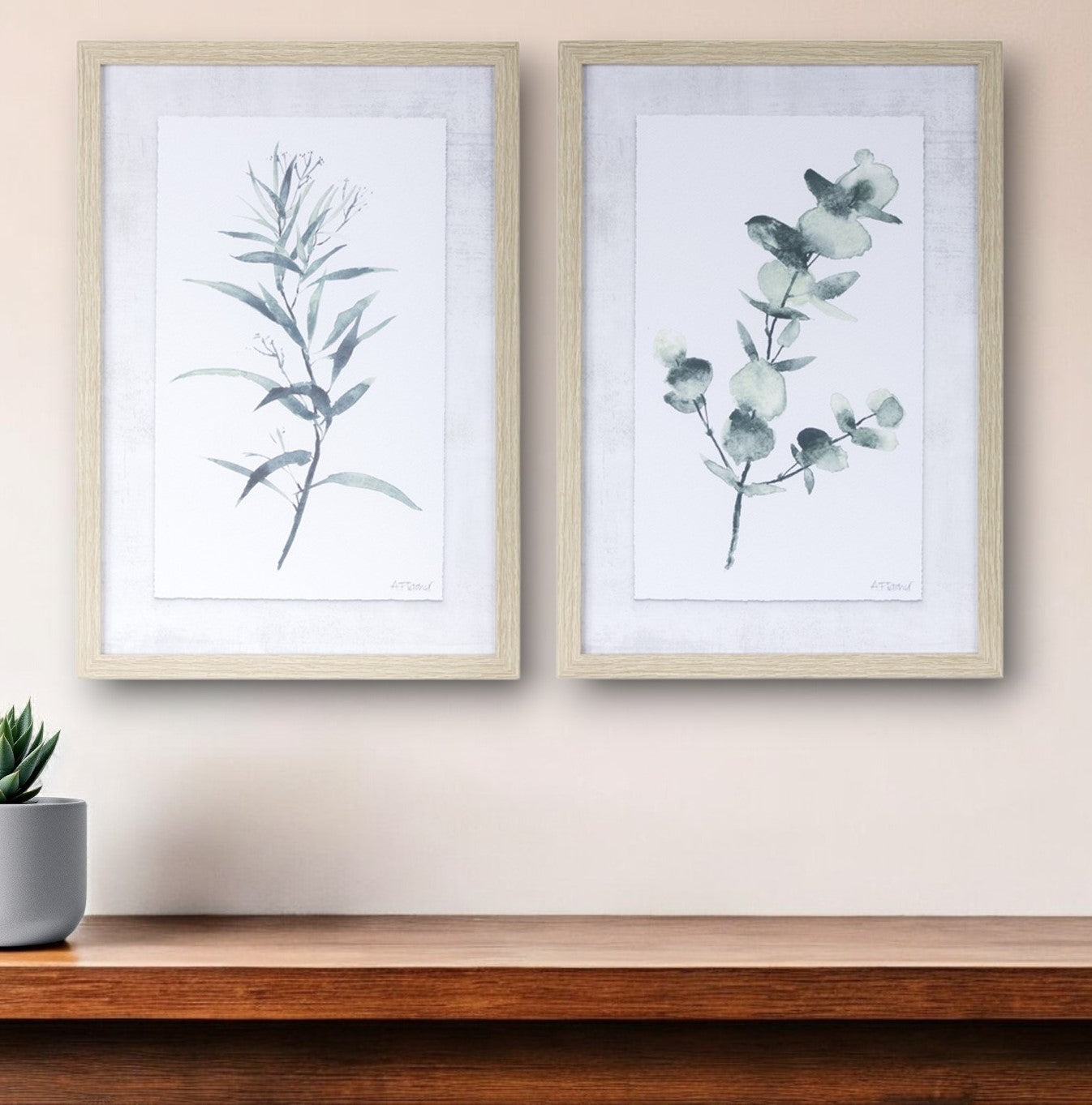 Set of Two 18" X 13" Natural and Gray Leaf Floral Framed Art