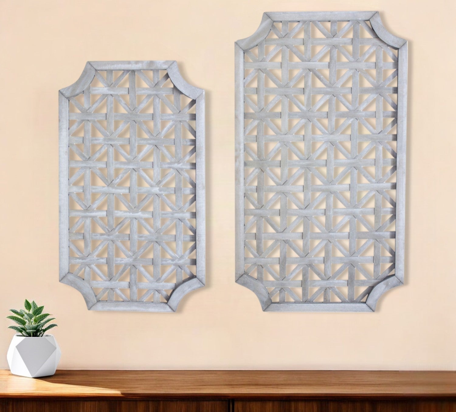 Set of Two 19" X 33" Gray Geometric Solid Wood Wall Decor