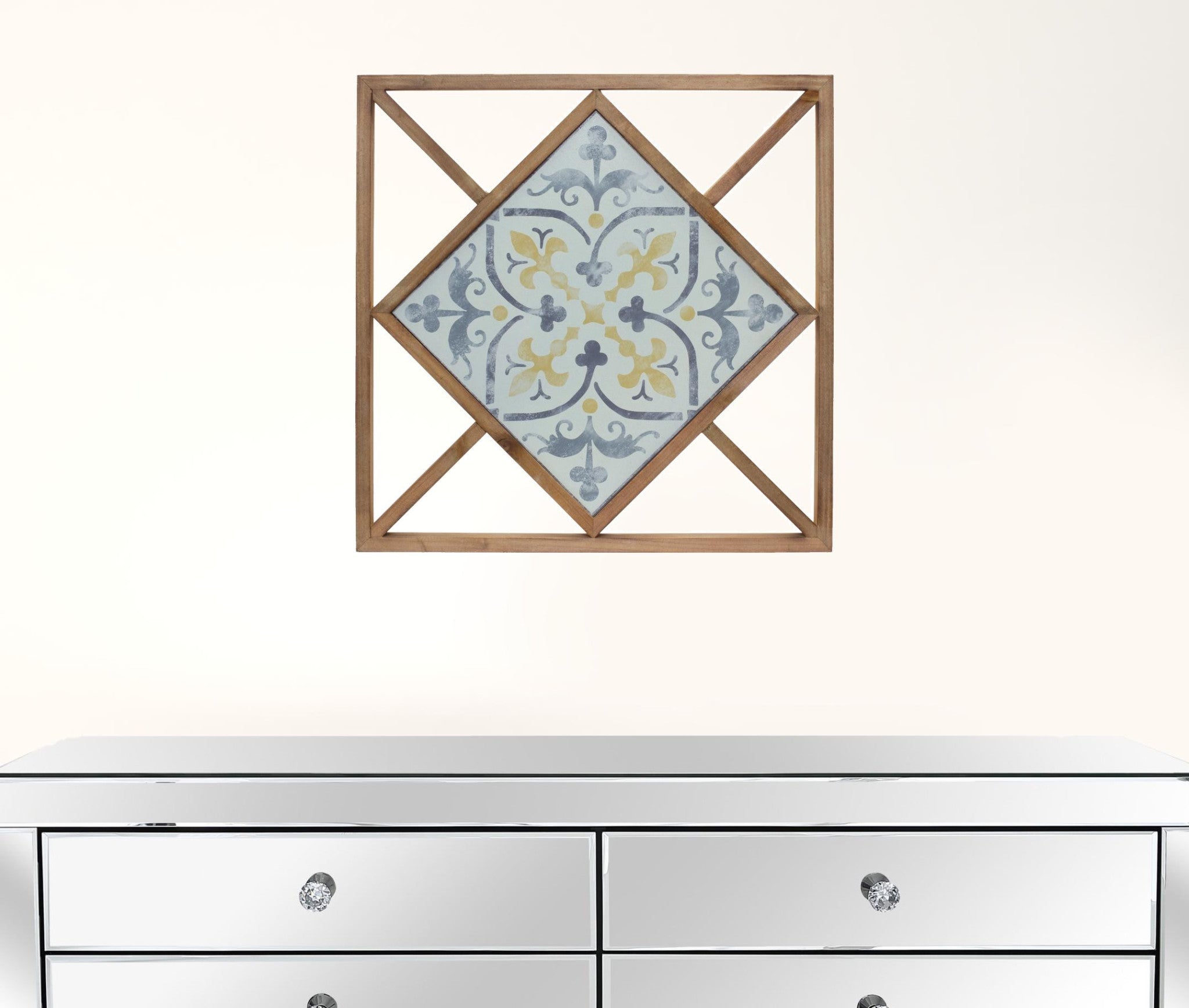 Set of Two 14" X 0" White Blue and Brown Floral Wood and Metal Framed Art