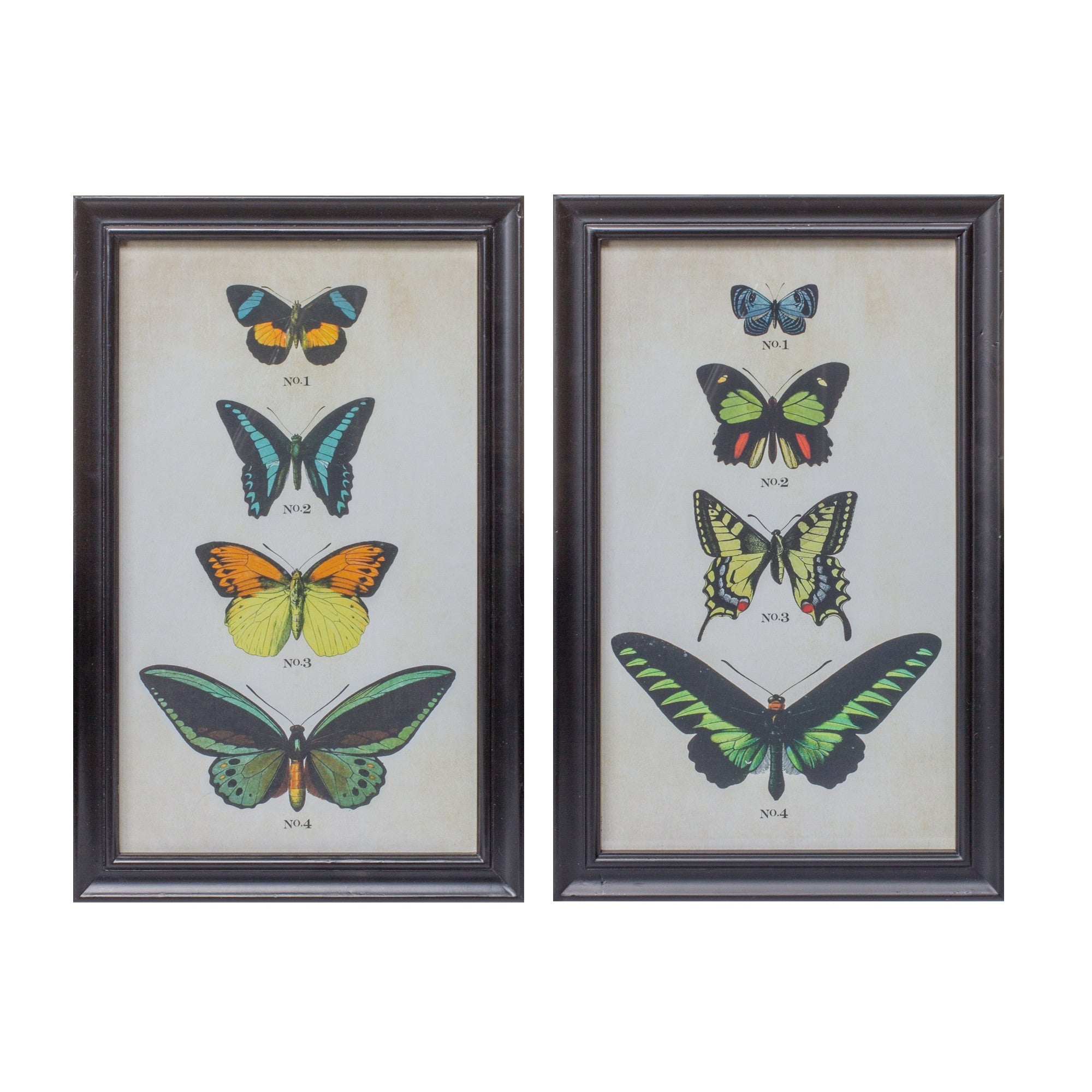 Set of Two 18" X 11" Black Blue and Green Butterfly Solid Wood Framed Art