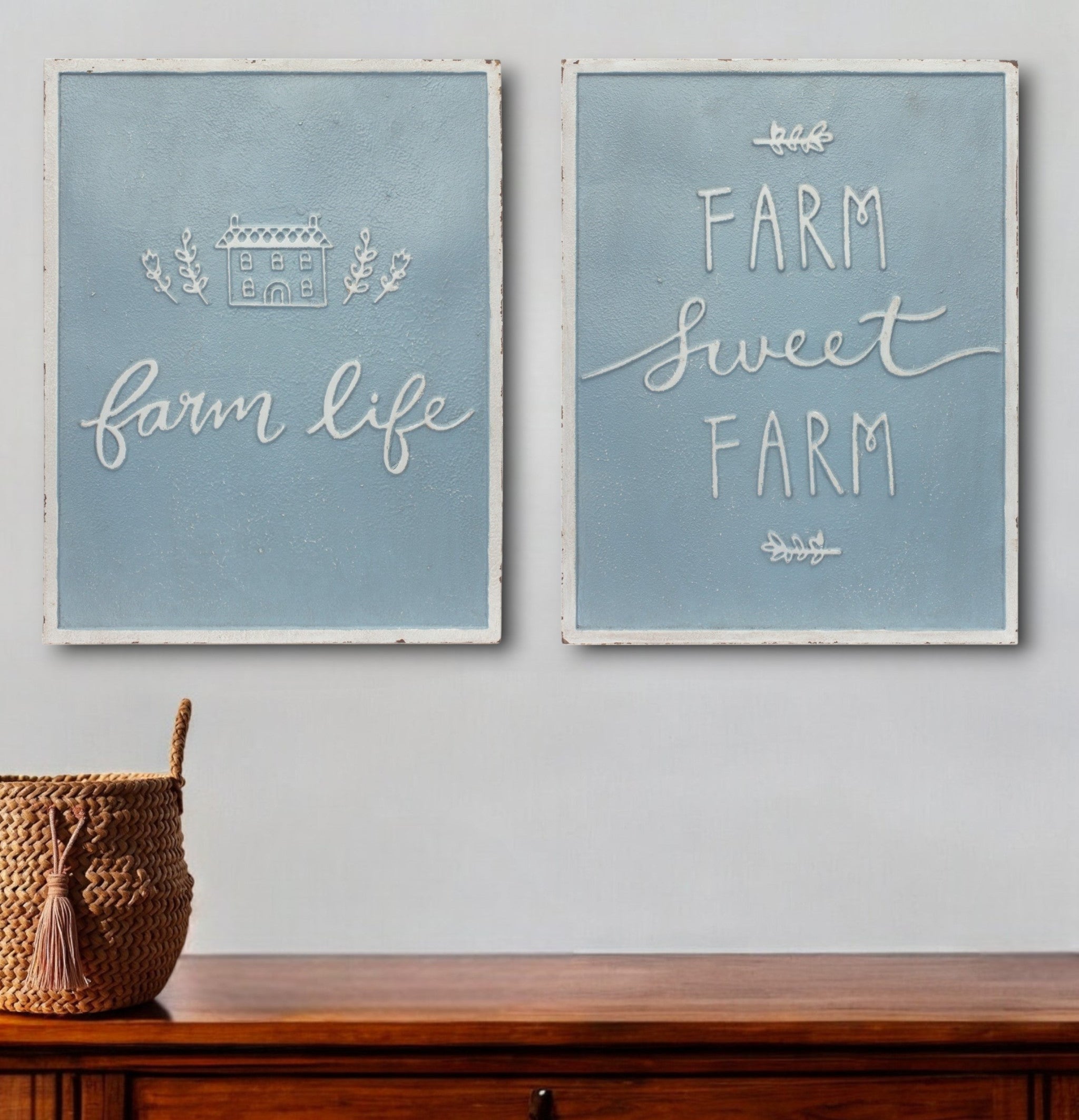 Set of Two 18" X 14" Blue and White Farm Sweet Farm Metal Wall Decor