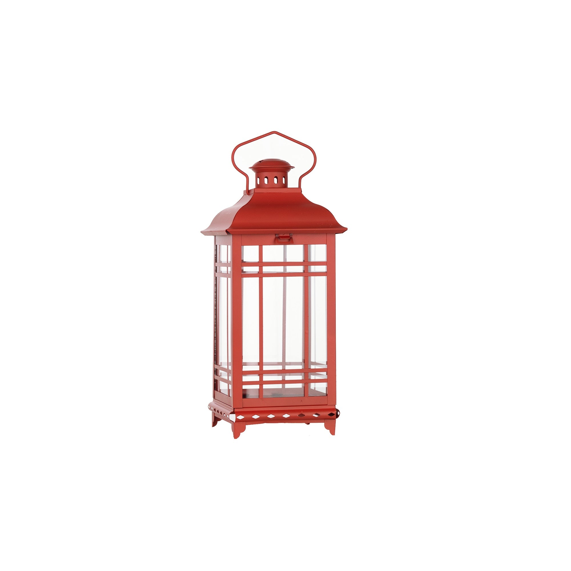 Set of Three Red Glass and Metal Geometric Floor Lantern Candle Holders