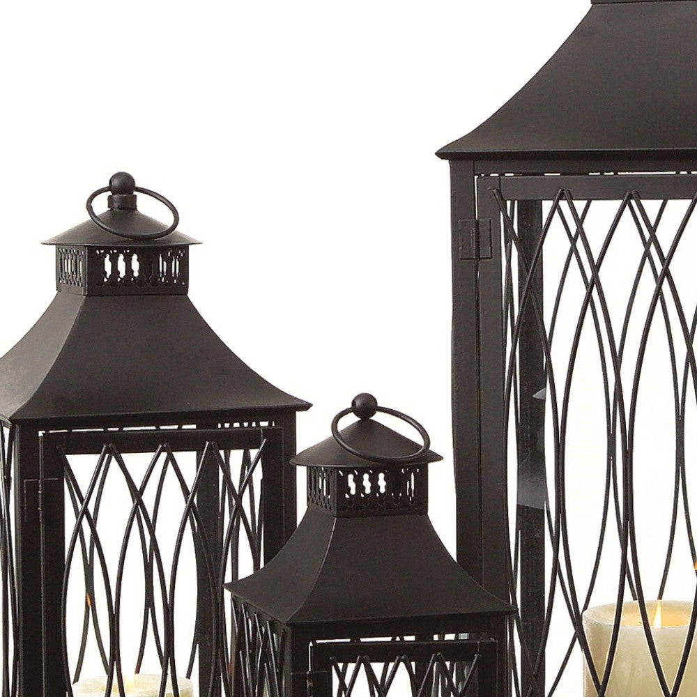 Set of Three Black Glass and Metal Geometric Floor Lantern Candle Holders