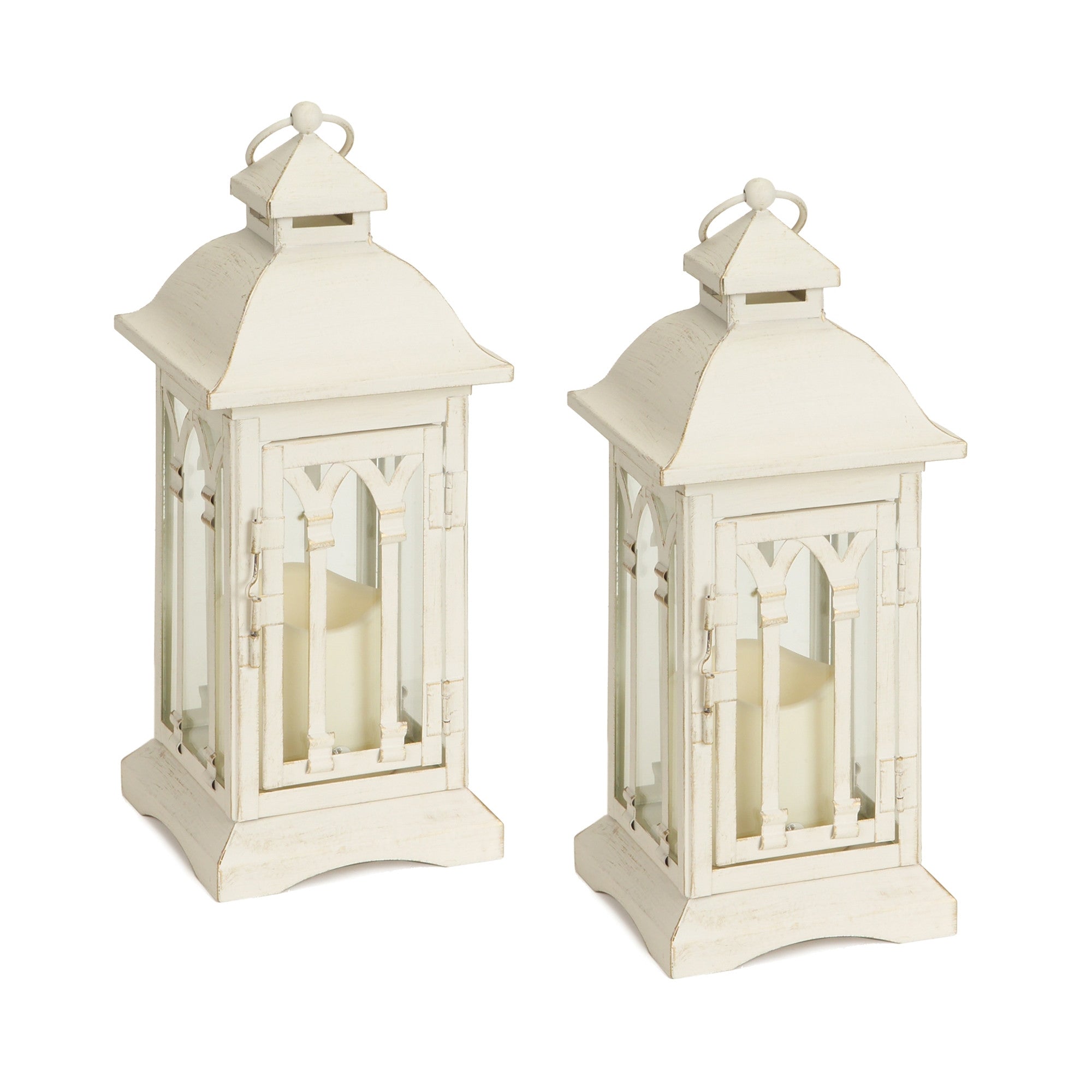 Set of Two Ivory Metal And Glass Ornate Tabletop Lantern Candle Holders With Candle