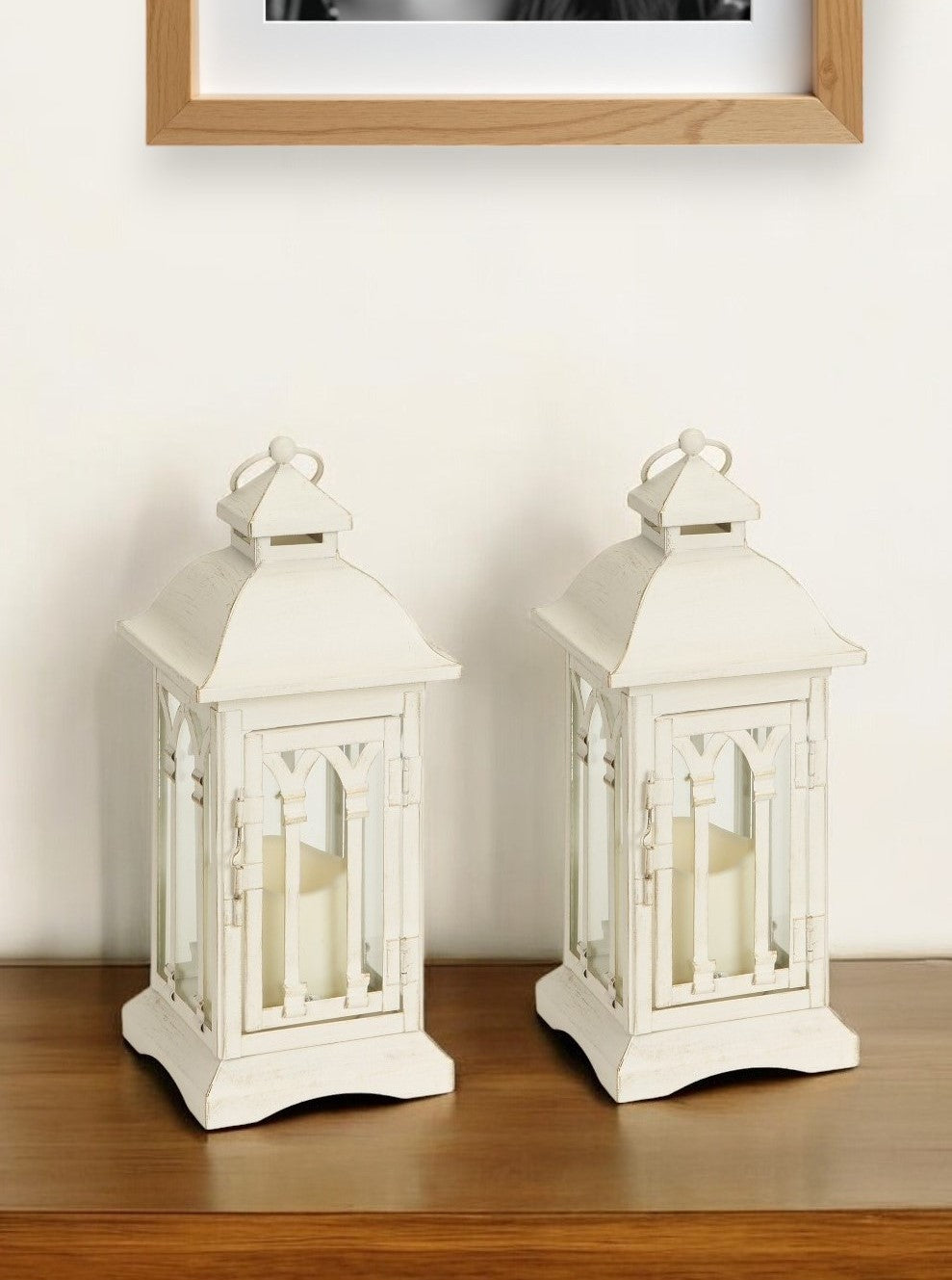 Set of Two Ivory Metal And Glass Ornate Tabletop Lantern Candle Holders With Candle