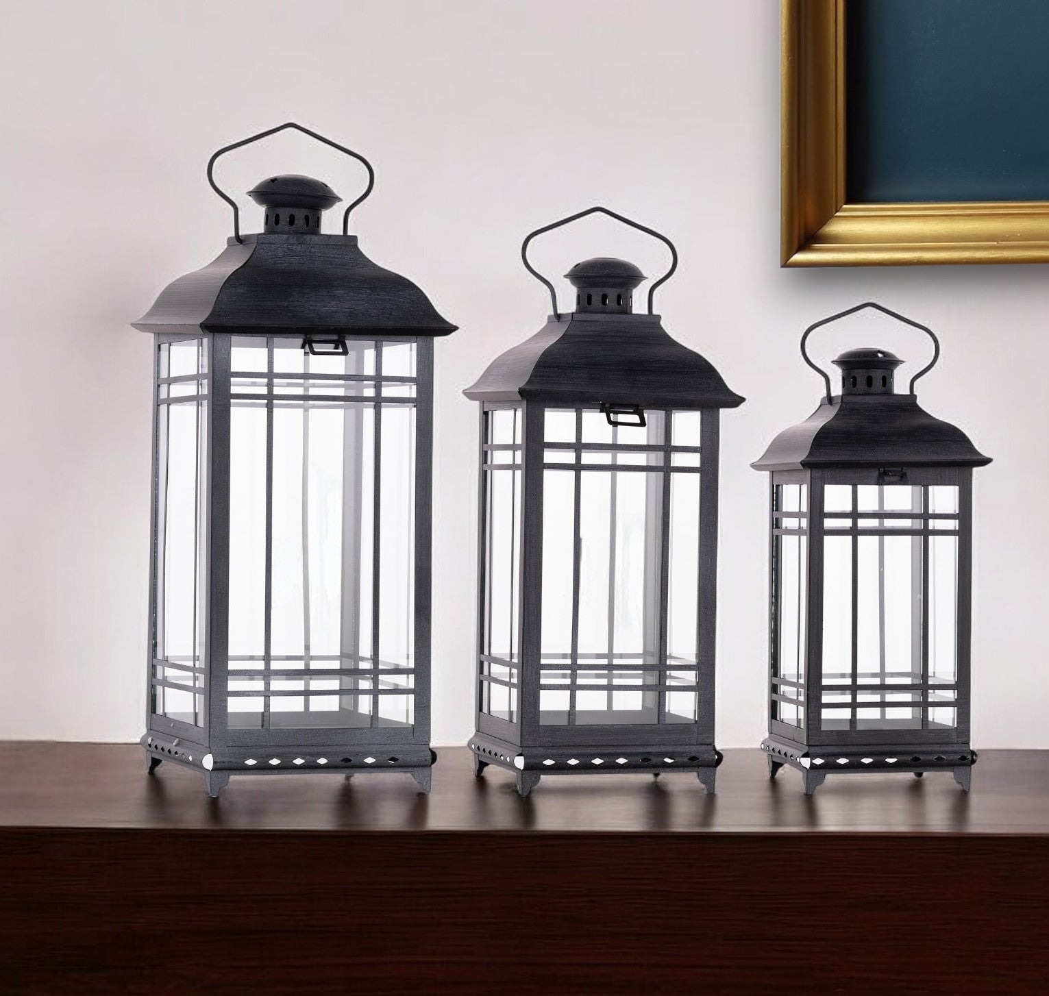 Set of Three Gray Glass and Metal Geometric Floor Lantern Candle Holders