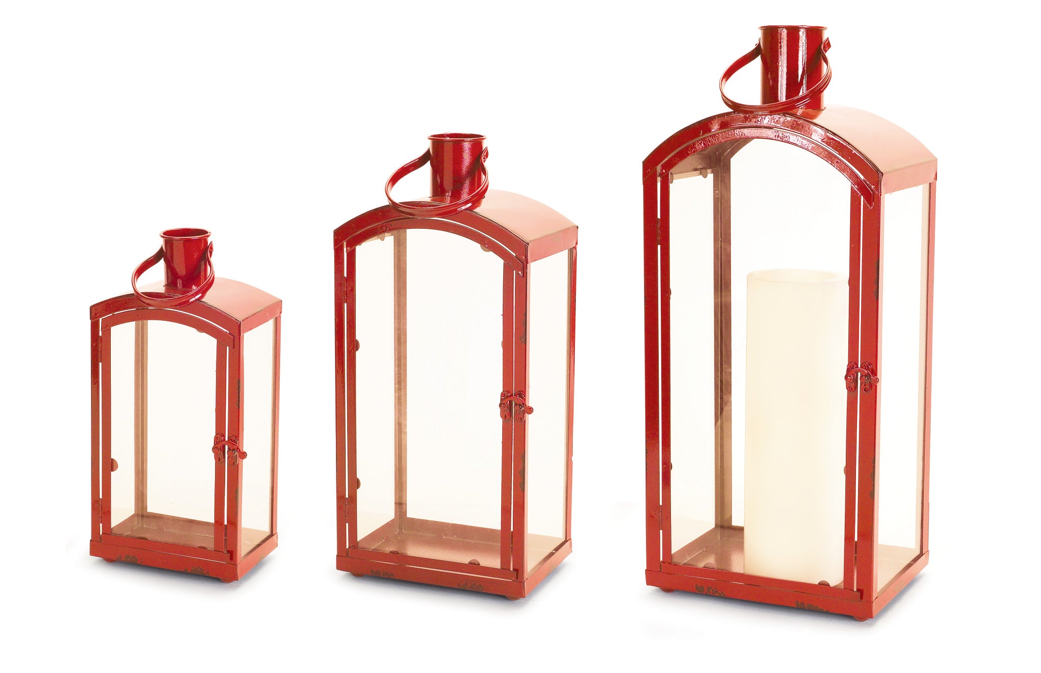 Set of Three Red Metal And Glass Floor Lantern Candle Holders