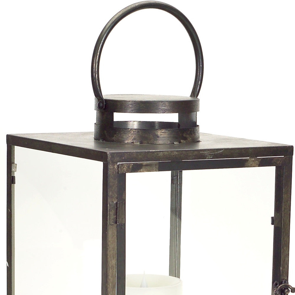 Set of Three Gray and Brown Glass Metal and Wood Geometric Floor Lantern Candle Holders