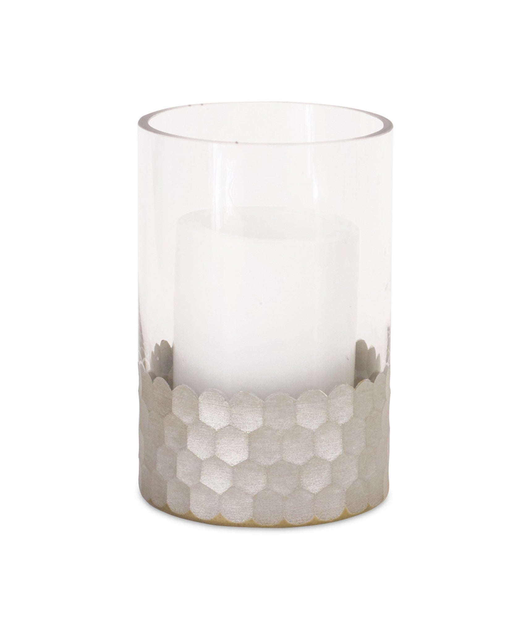 Set of Two Clear and Silver Glass Geometric Tabletop Pillar Candle Holders