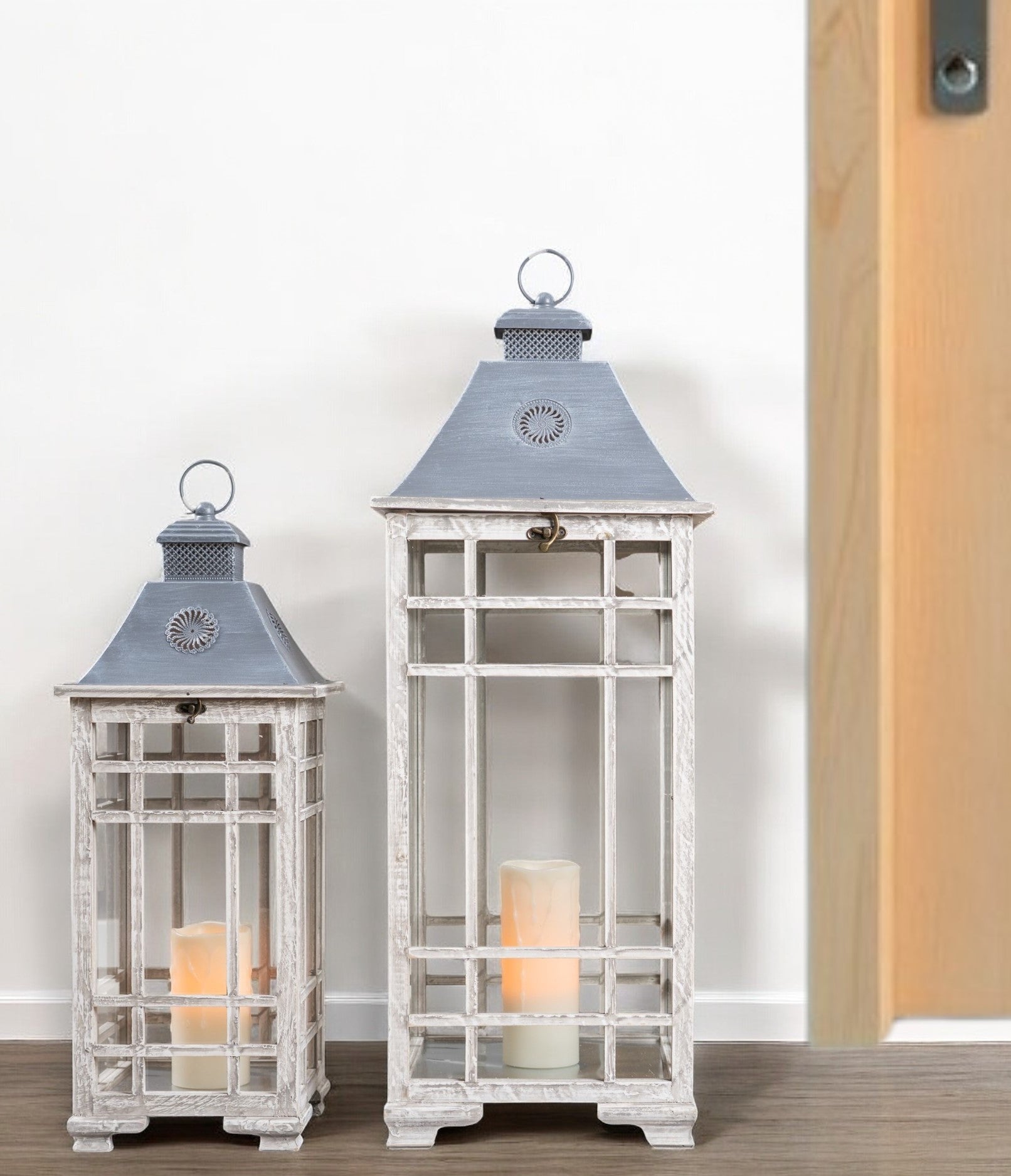 Set of Two White and Silver Metal Geometric Floor Lantern Candle Holders