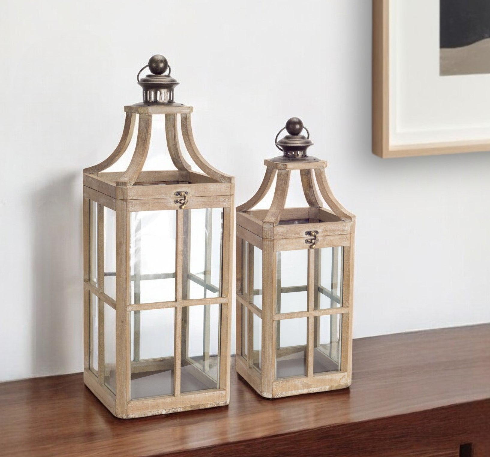 Set of Two Brown Wood and Glass Geometric Floor Lantern Candle Holders