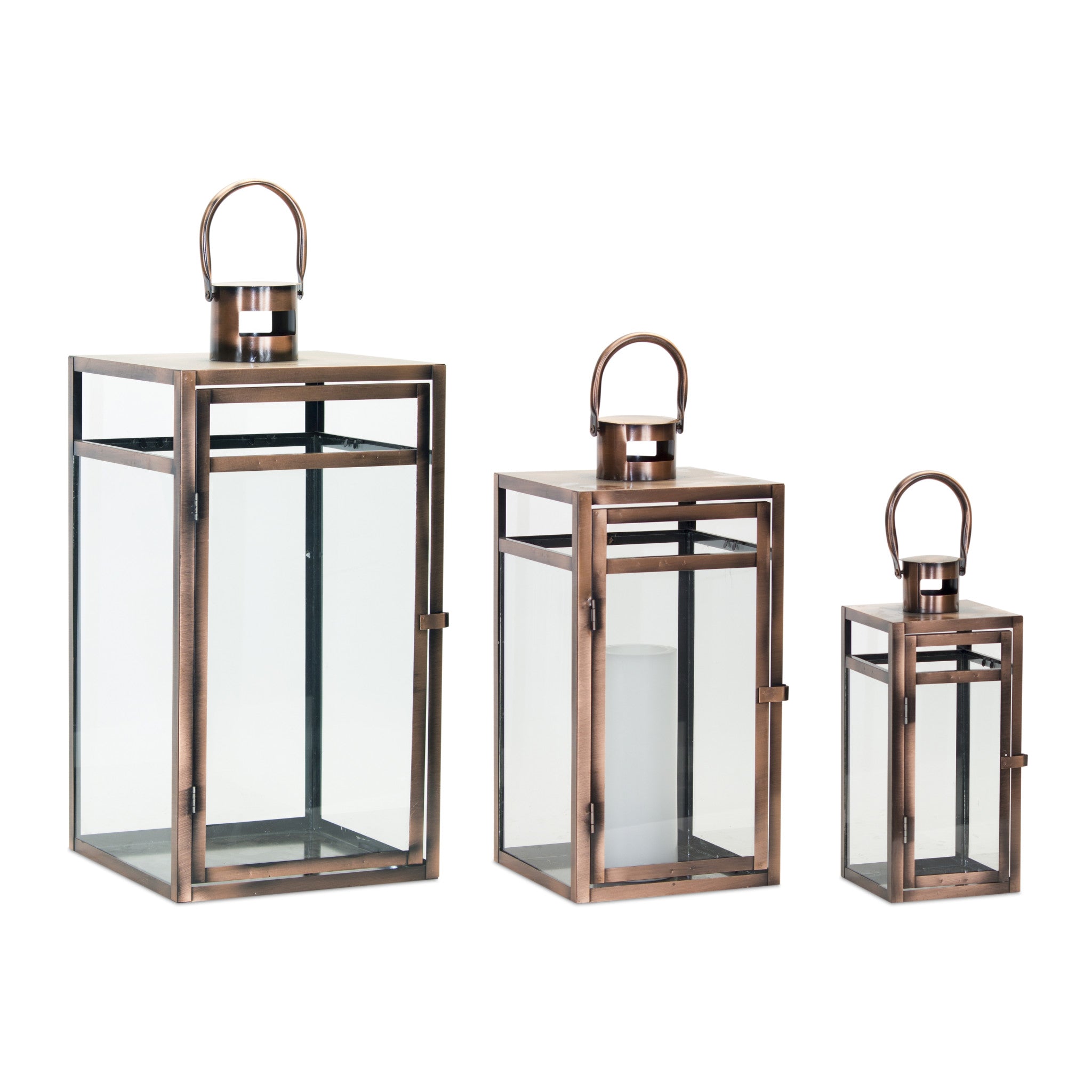 Set of Three Copper Glass and Metal Geometric Floor Lantern Candle Holders