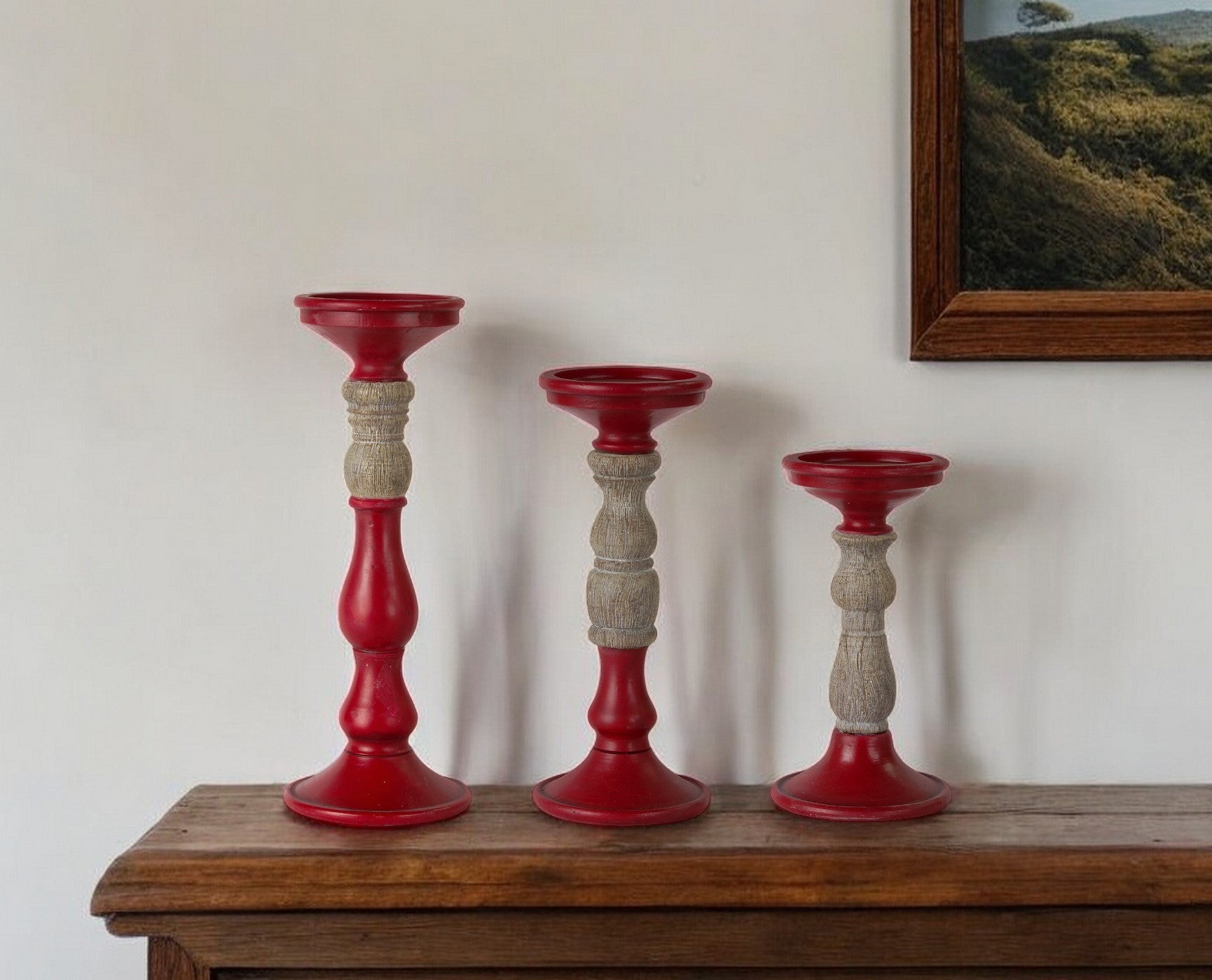 Set of Three Red and Natural Resin Ornate Tabletop Pillar Candle Holders