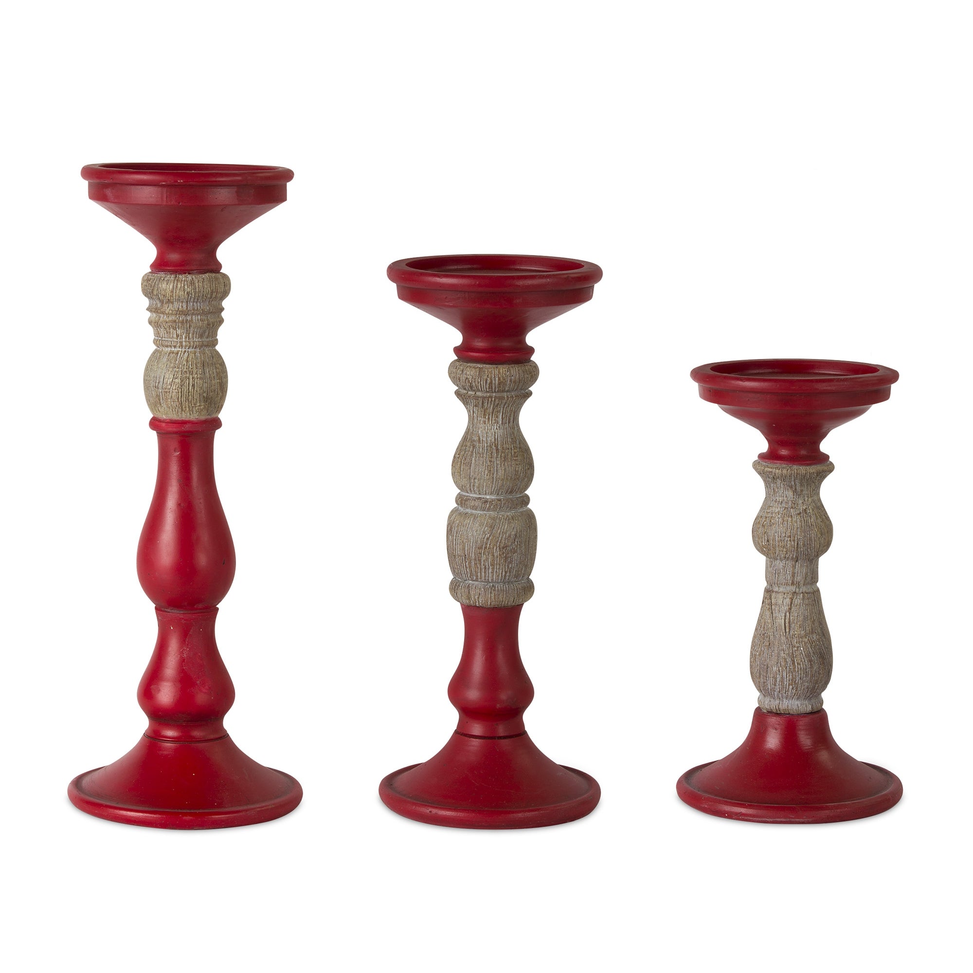 Set of Three Red and Natural Resin Ornate Tabletop Pillar Candle Holders