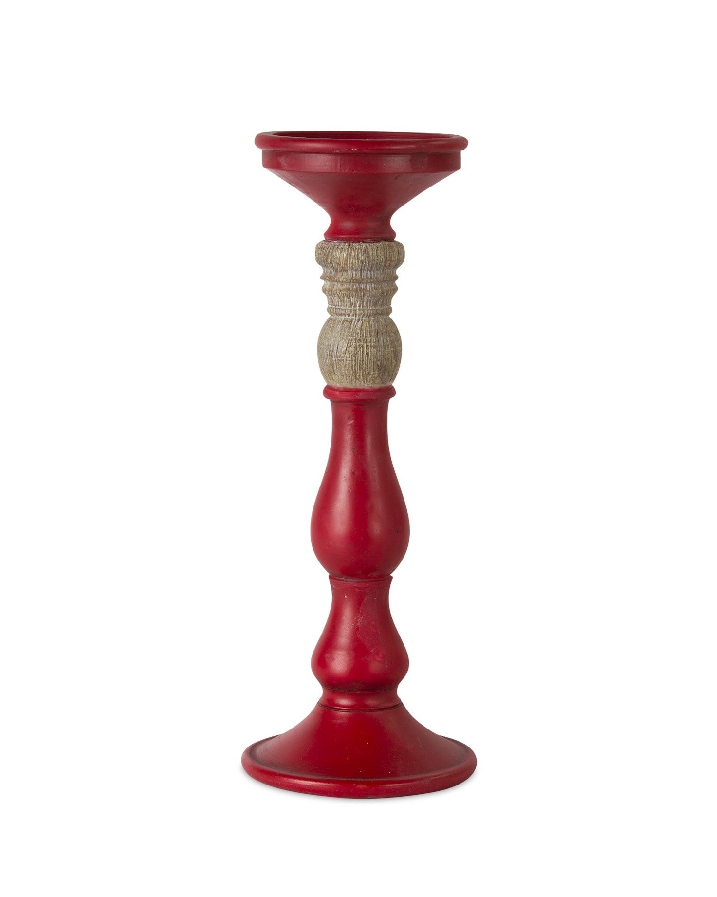 Set of Three Red and Natural Resin Ornate Tabletop Pillar Candle Holders