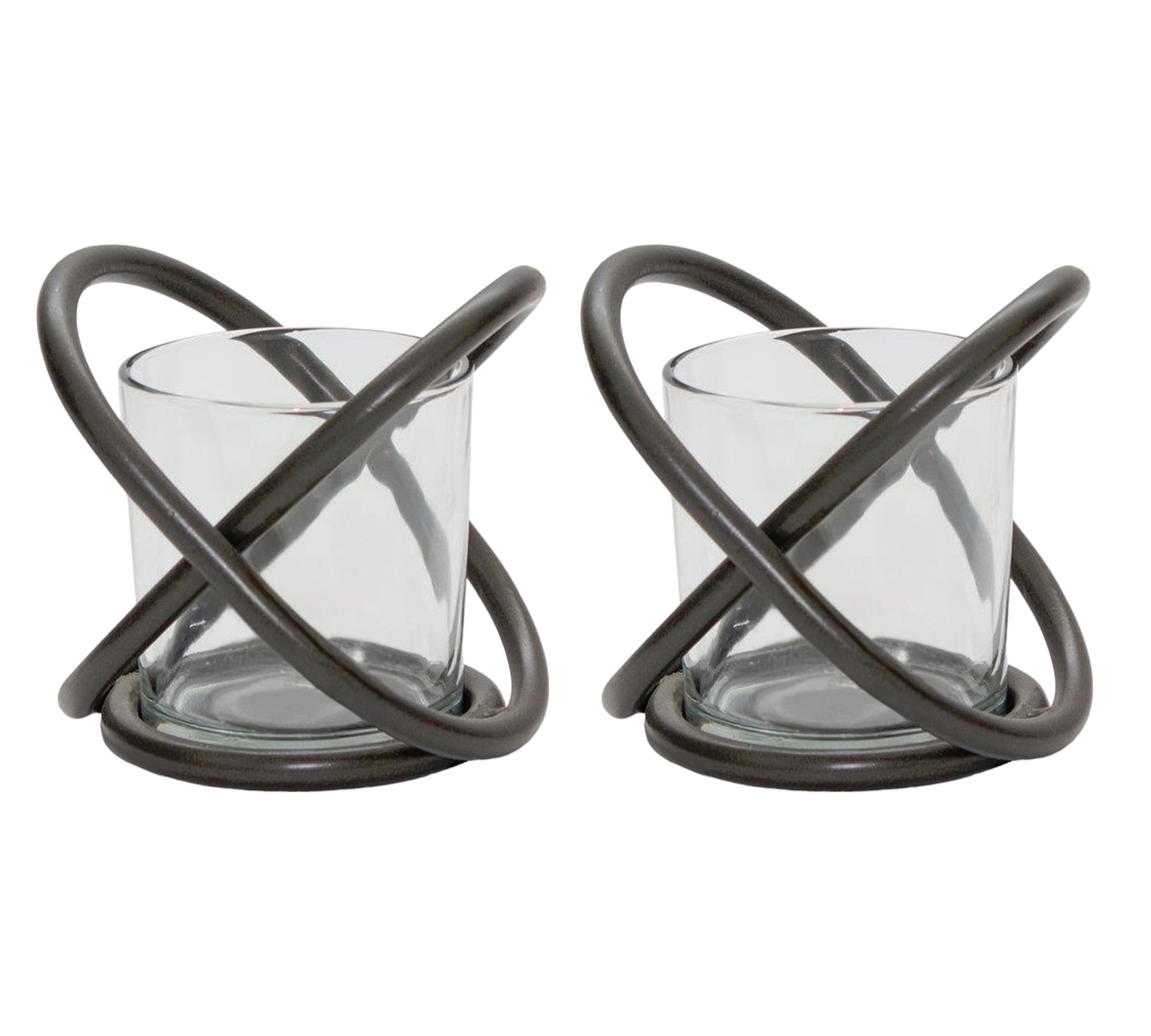 Set of Two Clear and Black Glass and Metal Tabletop Votive Candle Holders