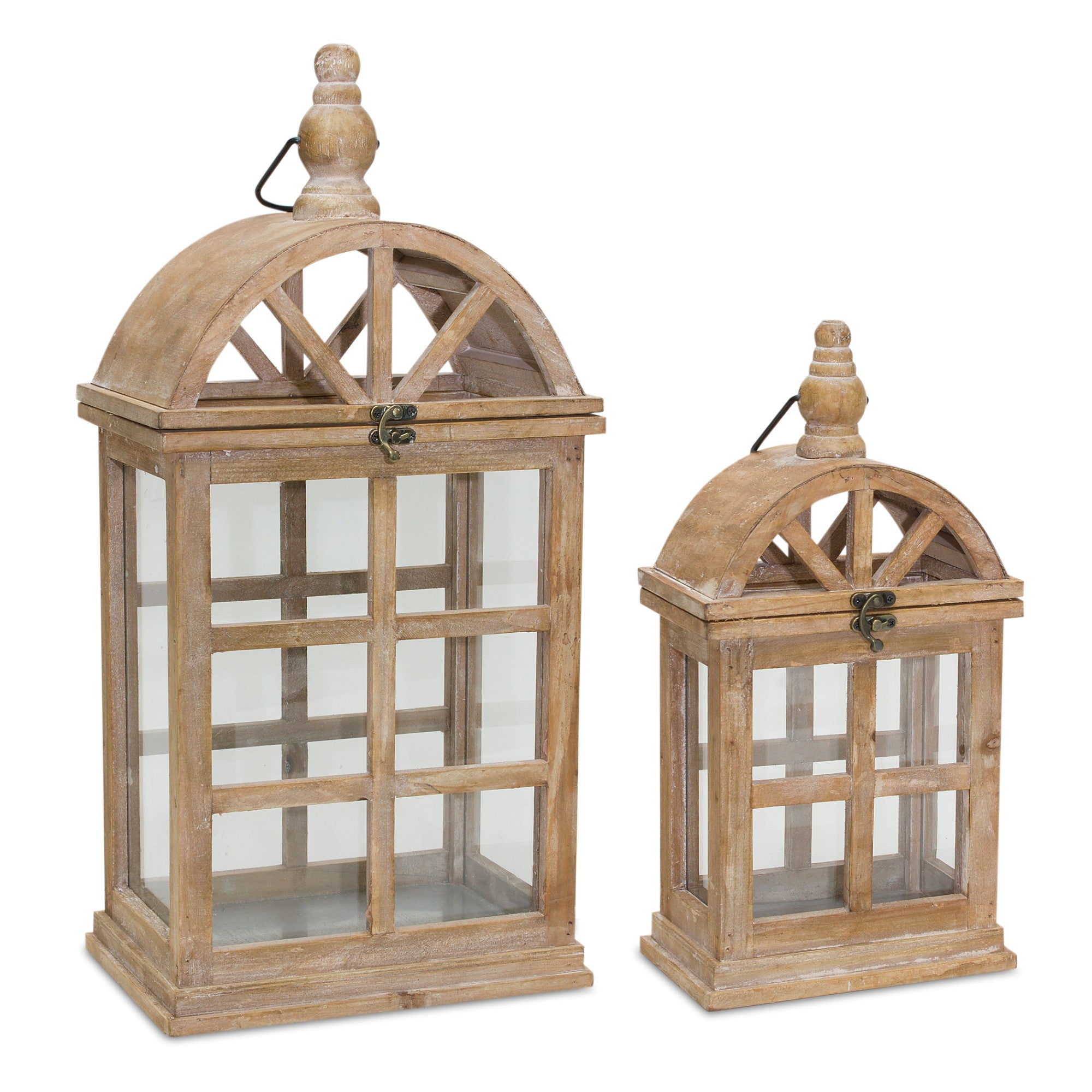 Set of Two Natural Wood and Glass Geometric Floor Lantern Candle Holders