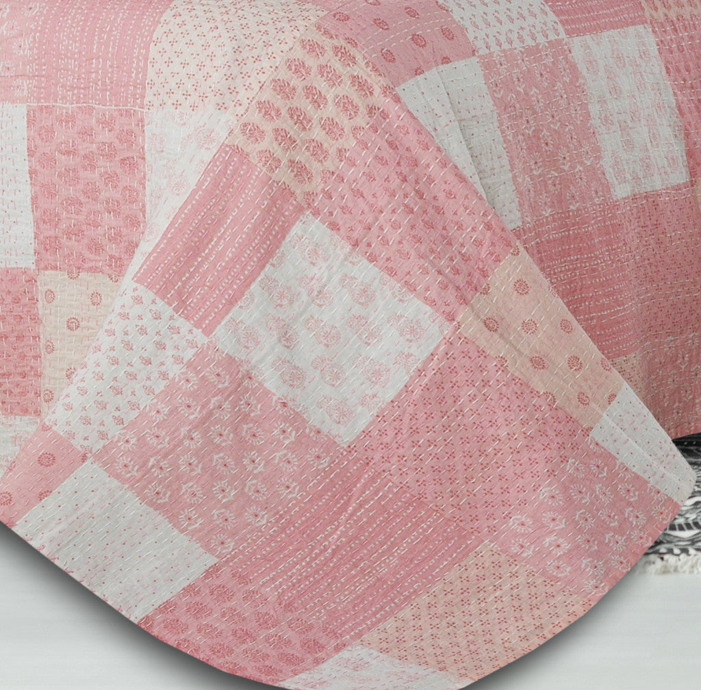 Pink Knitted Cotton Geometric Reversable Throw