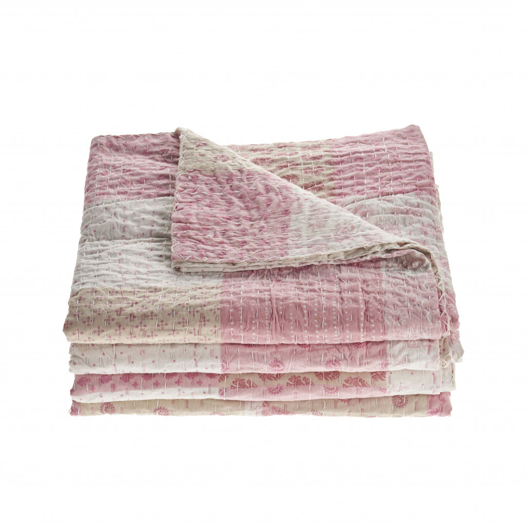 Pink Knitted Cotton Geometric Reversable Throw