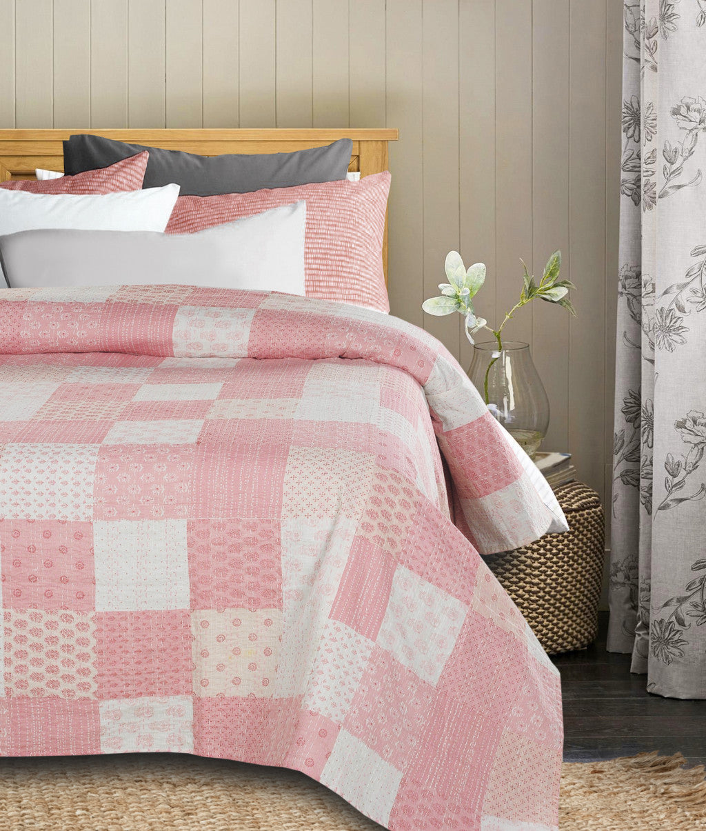 Pink Knitted Cotton Geometric Reversable Throw