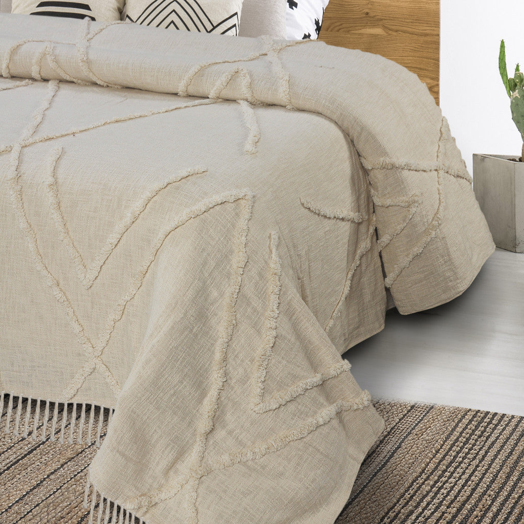 Ivory Geometric Queen Cotton Coverlet With Fringe