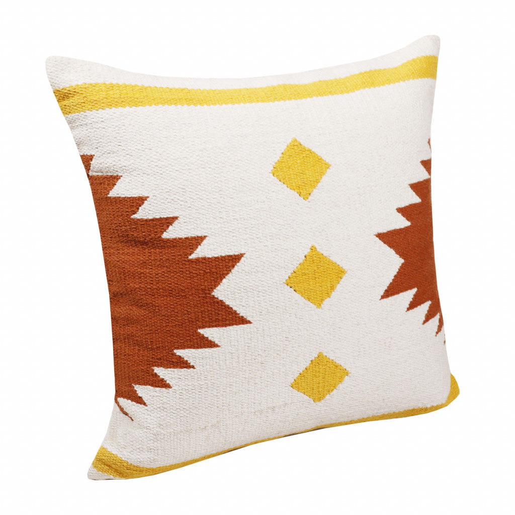 20" X 20" White Yellow And Red Orange 100% Cotton Geometric Zippered Pillow