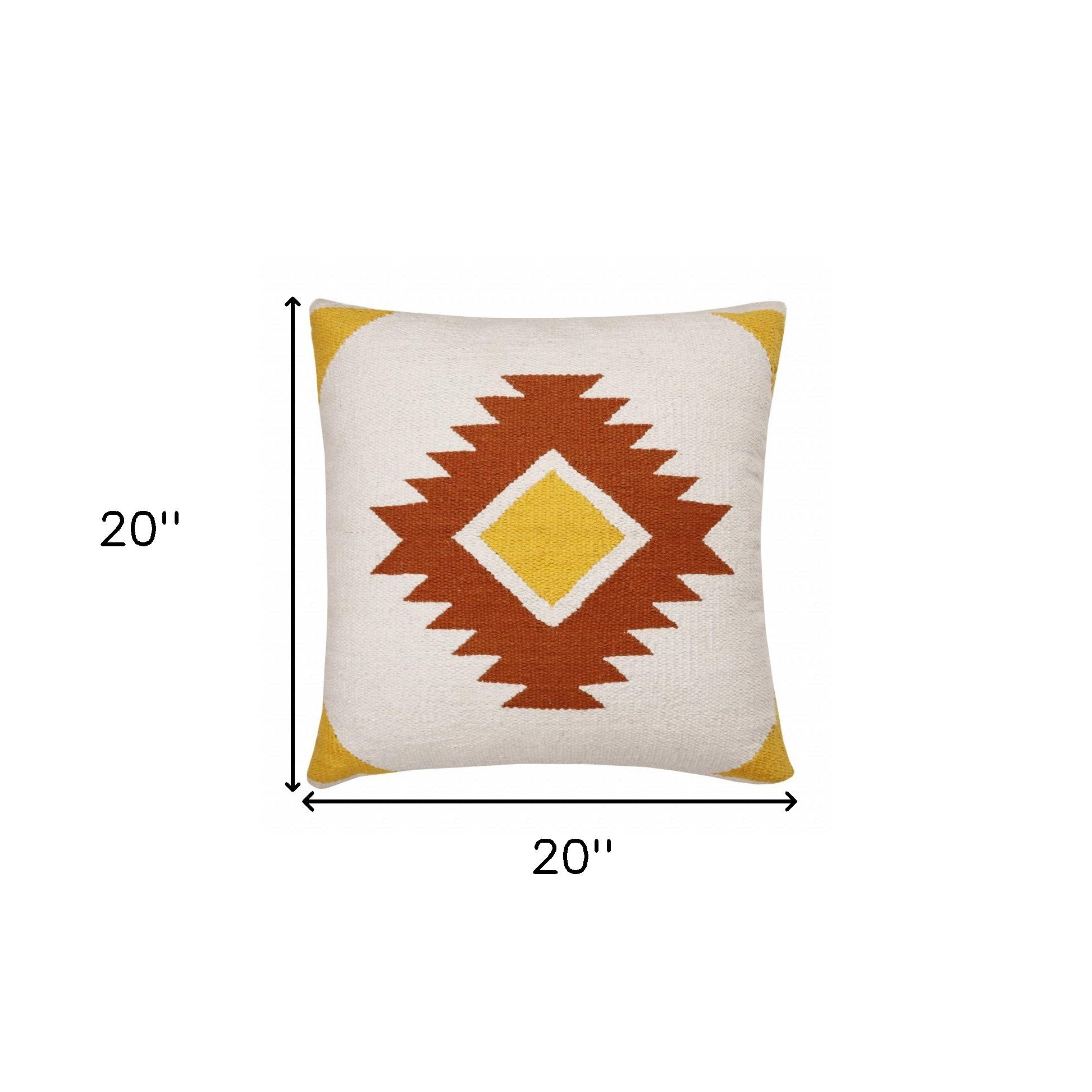 20" X 20" White Yellow And Red Orange 100% Cotton Geometric Zippered Pillow