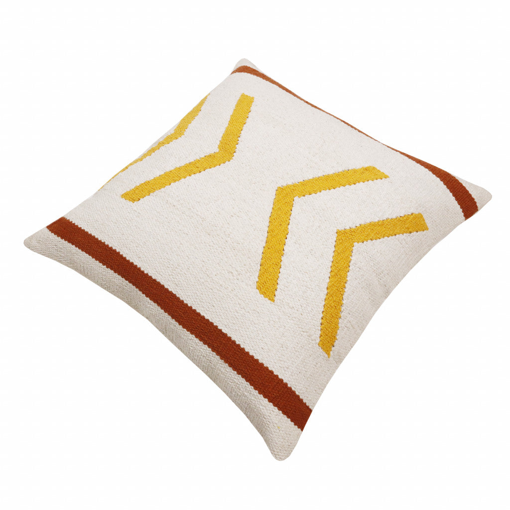 20" X 20" White Yellow And Red Orange 100% Cotton Chevron Zippered Pillow