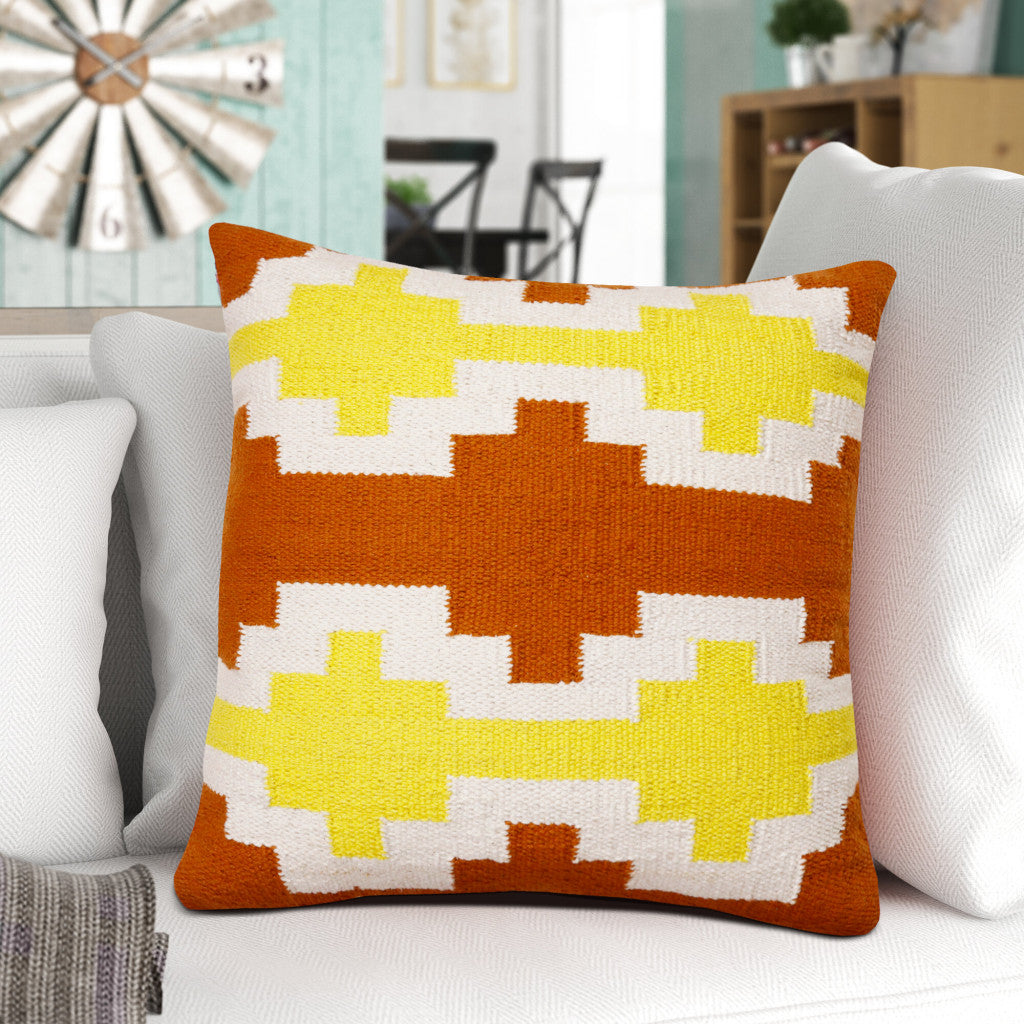 20" X 20" Adobe Orange Yellow And White 100% Cotton Geometric Zippered Pillow