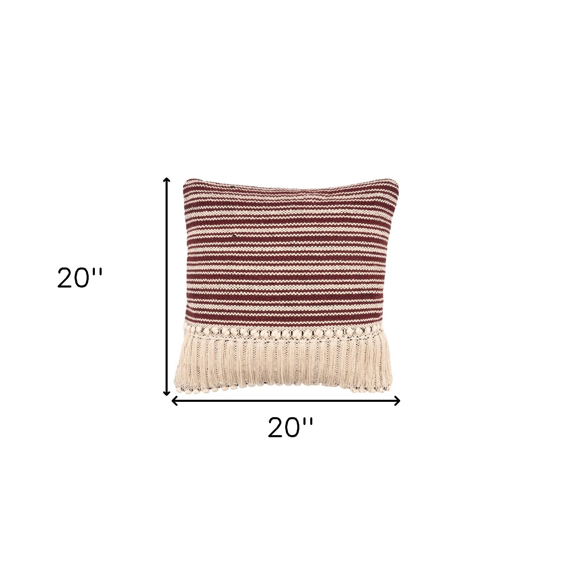 20" X 20" Maroon Red And Off-White 100% Cotton Striped Zippered Pillow