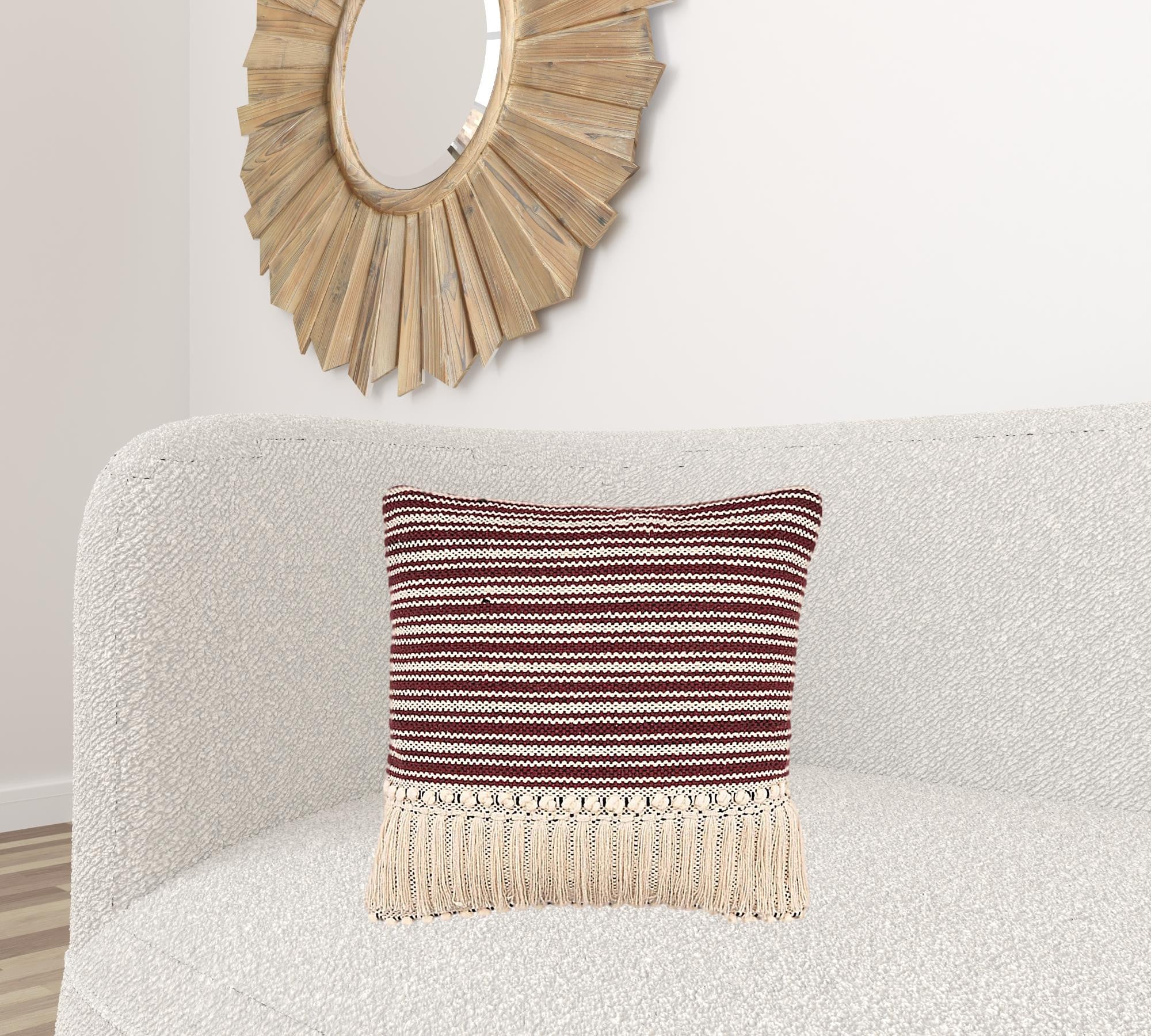 20" X 20" Maroon Red And Off-White 100% Cotton Striped Zippered Pillow