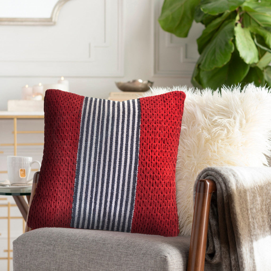 20" X 20" Red And Blue 100% Cotton Striped Zippered Pillow