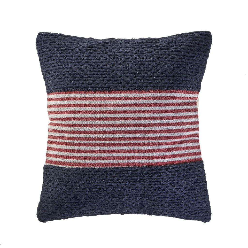 20" X 20" Blue And Red 100% Cotton Striped Zippered Pillow