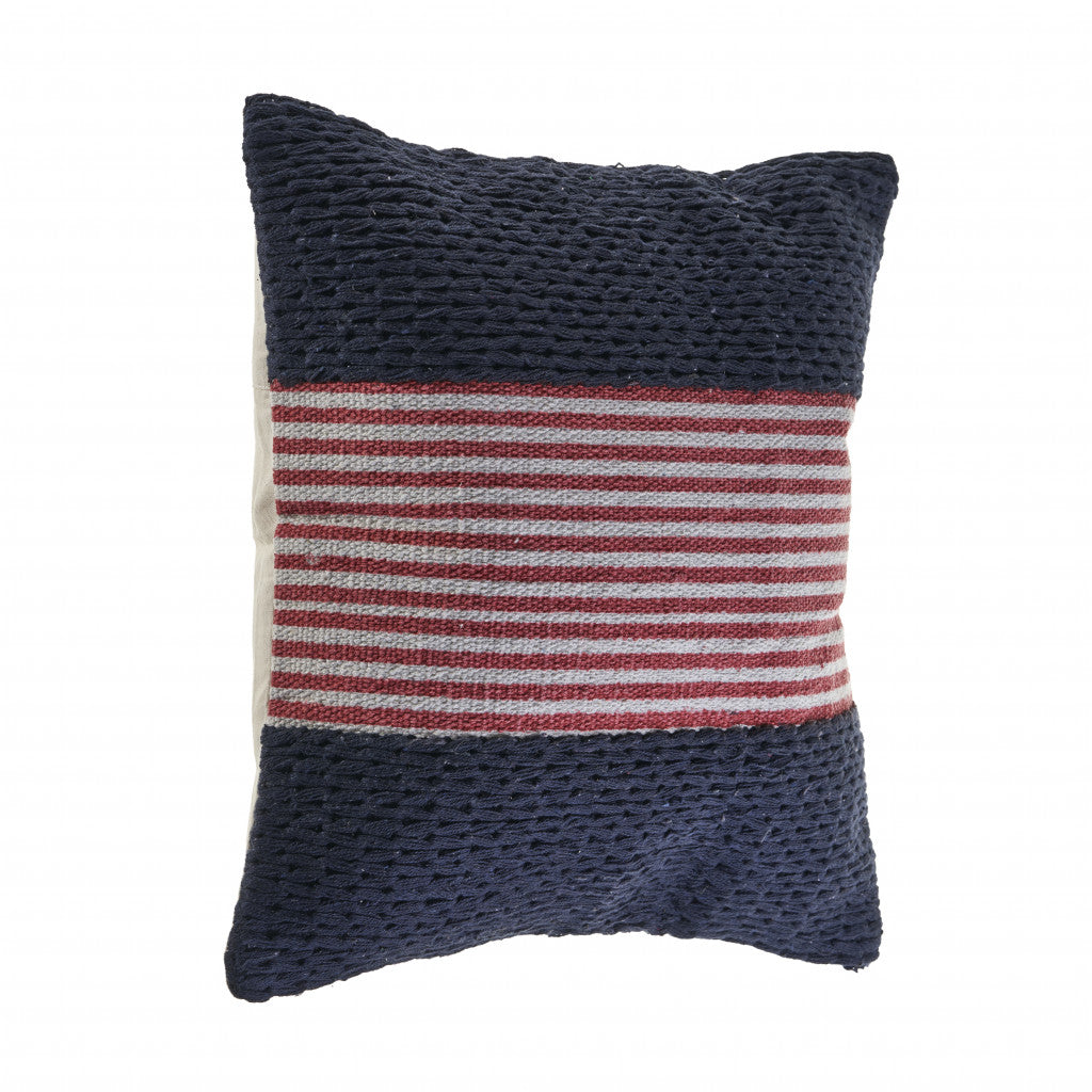 20" X 20" Blue And Red 100% Cotton Striped Zippered Pillow