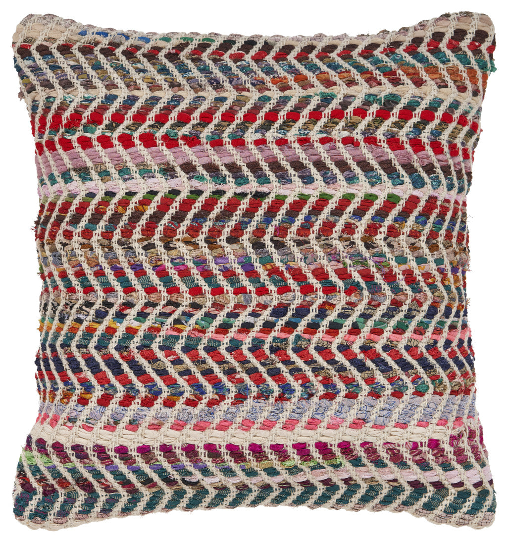 18" X 18" Blue and Red Chevron Cotton Blend Zippered Pillow