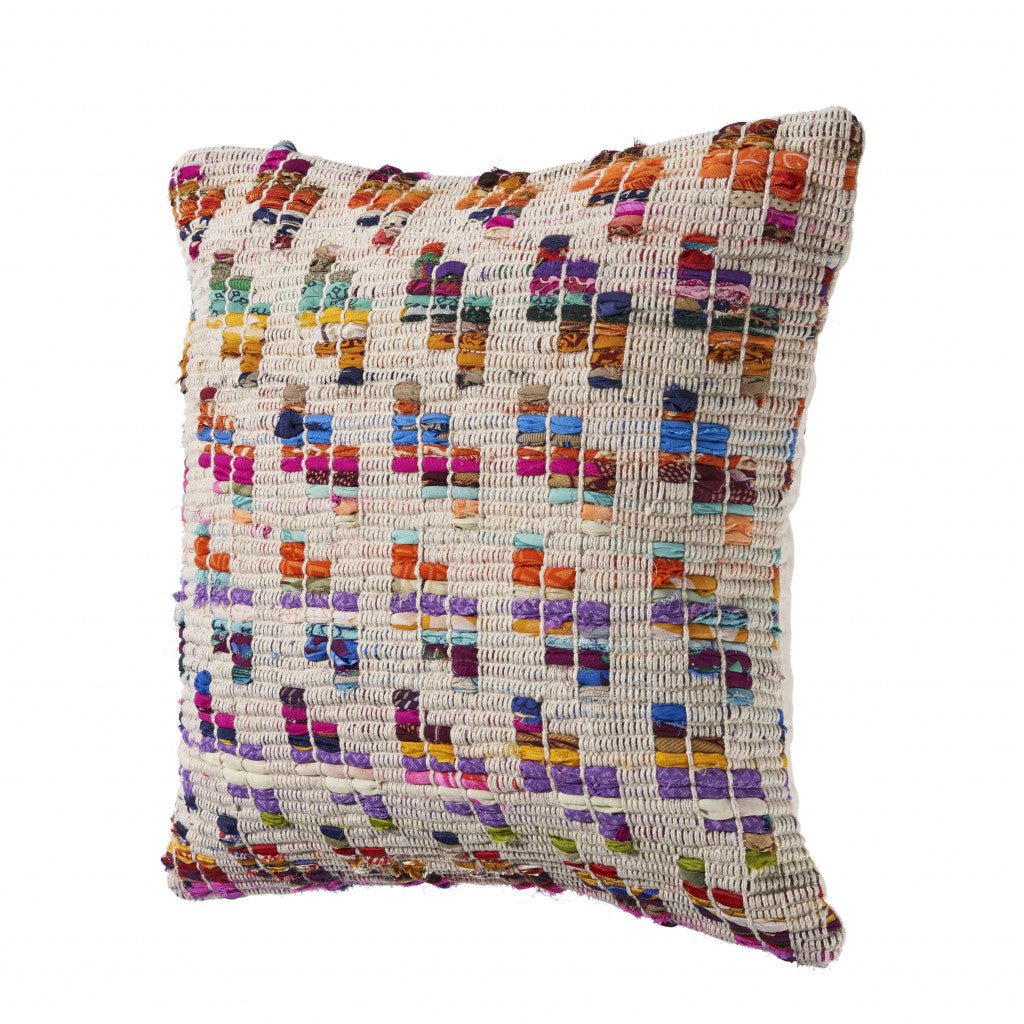 20" X 20" Beige Red Green Blue Yellow Orange And Pink 100% Cotton Geometric Zippered Pillow