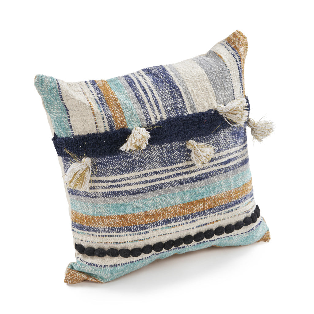 18" X 18" Blue and Beige Patchwork Cotton Zippered Pillow With Tassels