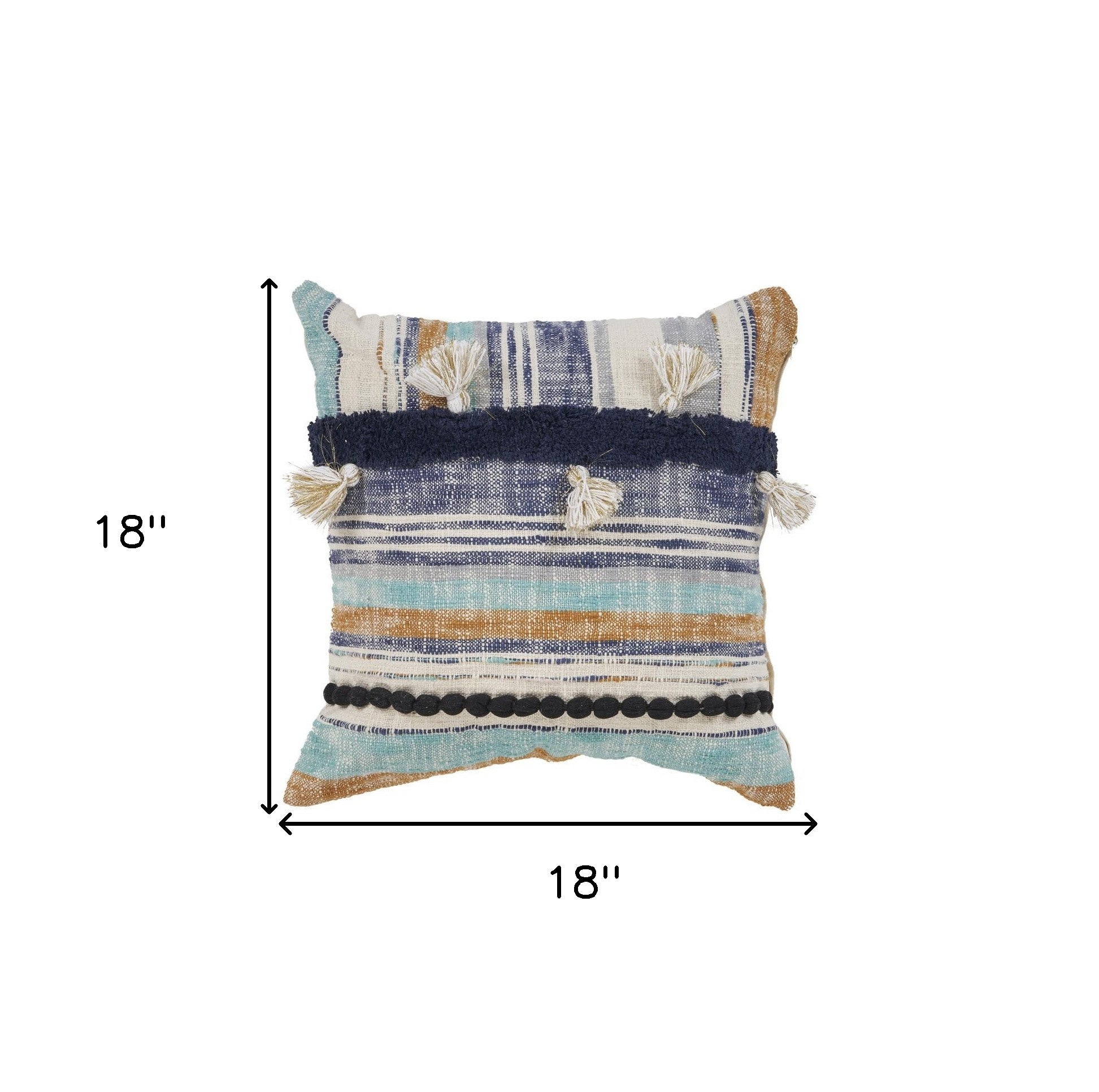 18" X 18" Blue and Beige Patchwork Cotton Zippered Pillow With Tassels