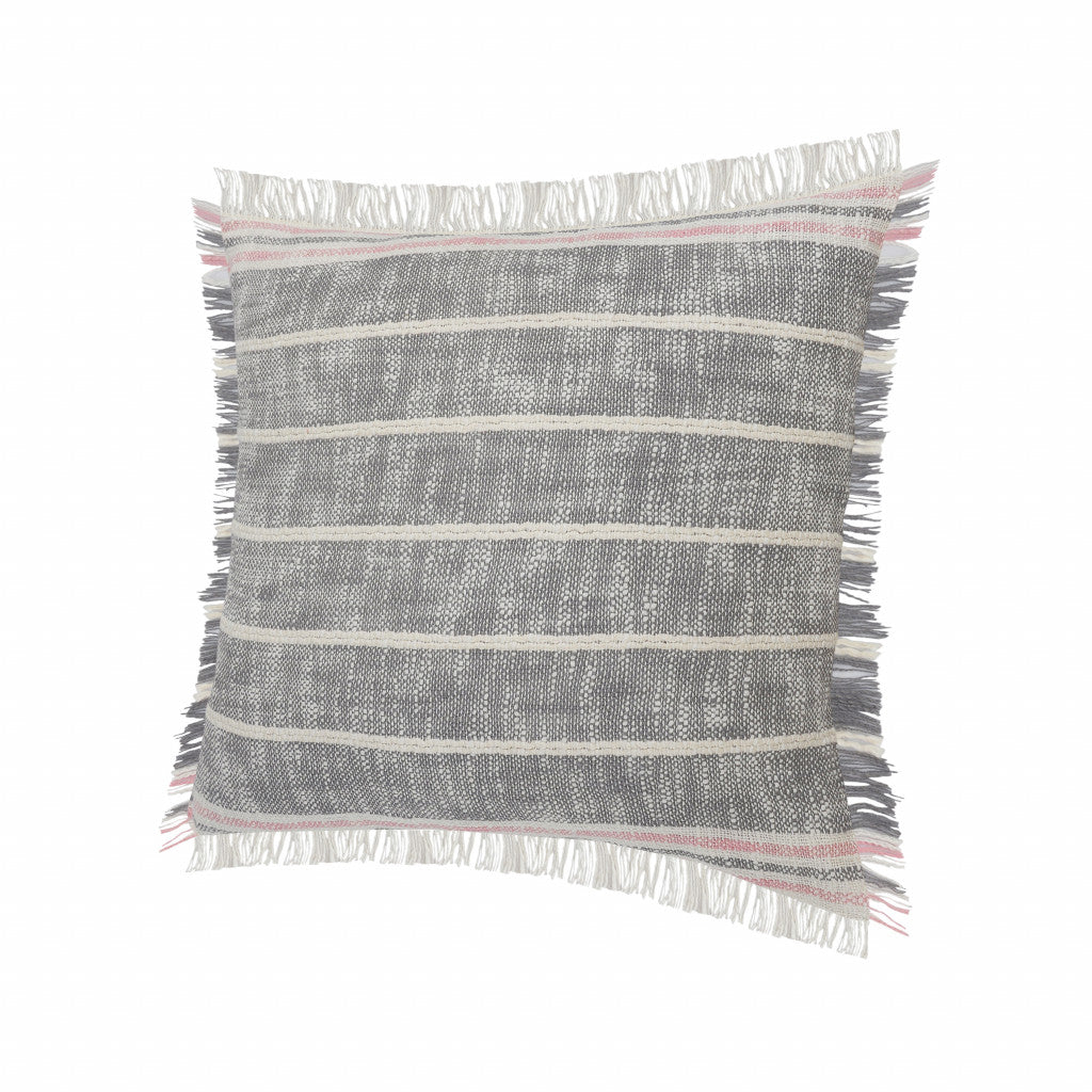 20" X 20" Gray White And Pink 100% Cotton Striped Zippered Pillow