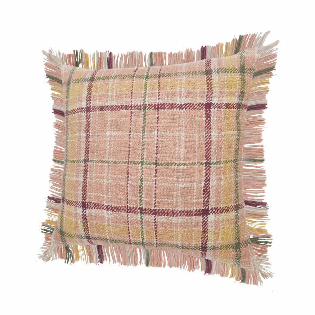 20" X 20" Pink Berry Green And Yellow 100% Cotton Plaid Zippered Pillow