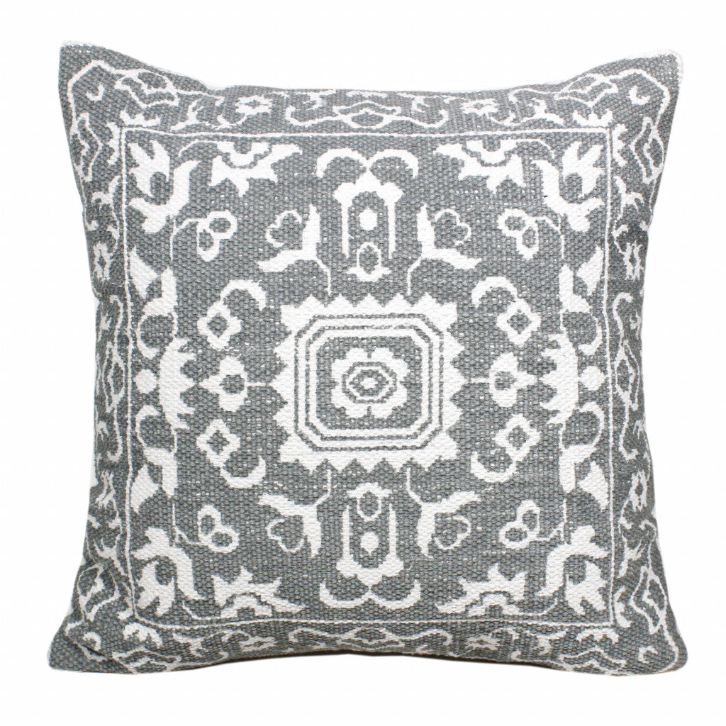 20" X 20" Gray And White 100% Cotton Geometric Zippered Pillow