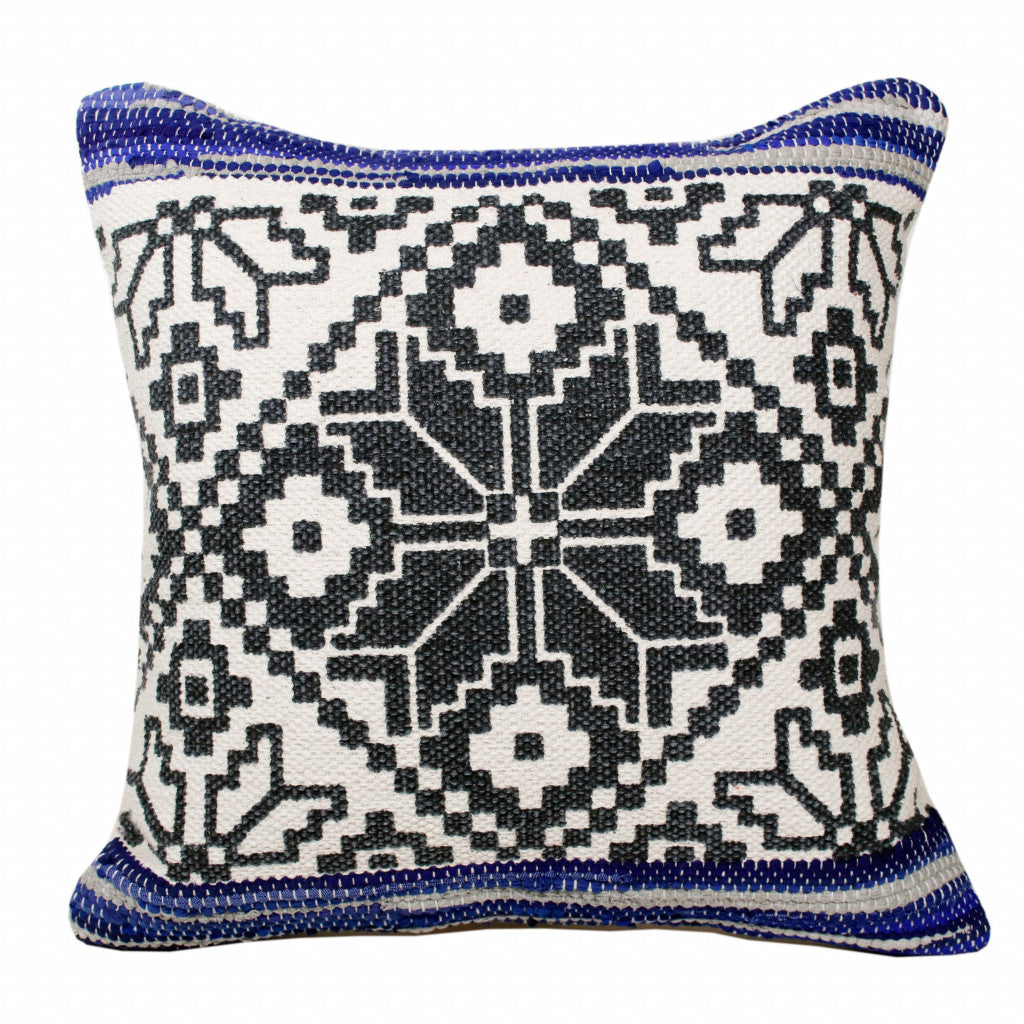 20" X 20" Blue Navy Gray And White 100% Cotton Geometric Zippered Pillow